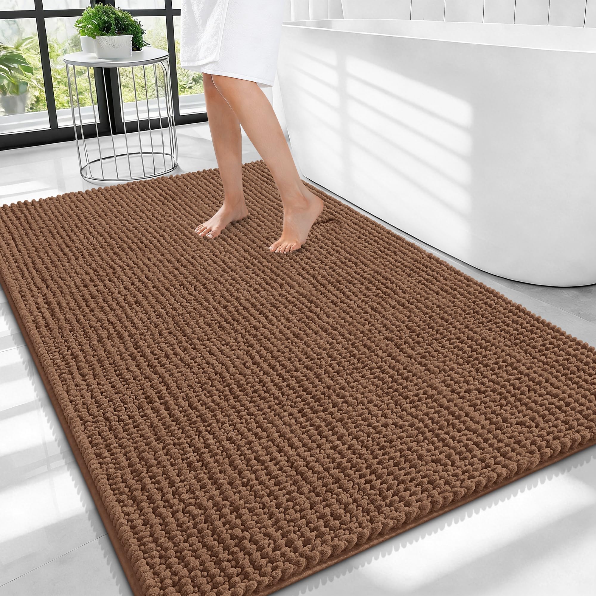 OLANLY Thick Chenille Large Bathroom Rugs 40x32, Absorbent Bath Mat, Mocha