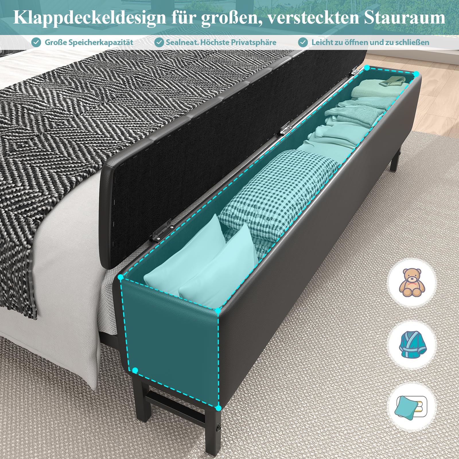 E-Motie Bett 180x200，Polsterbett mit Sternenprojektor, Ladestation und Aufbewahrungsbank， Doppelbettgestell 180 x 200 cm mit Gepolstertes Kopfteil und Lattenrost, Geräuschlos, Modern, Schwarz