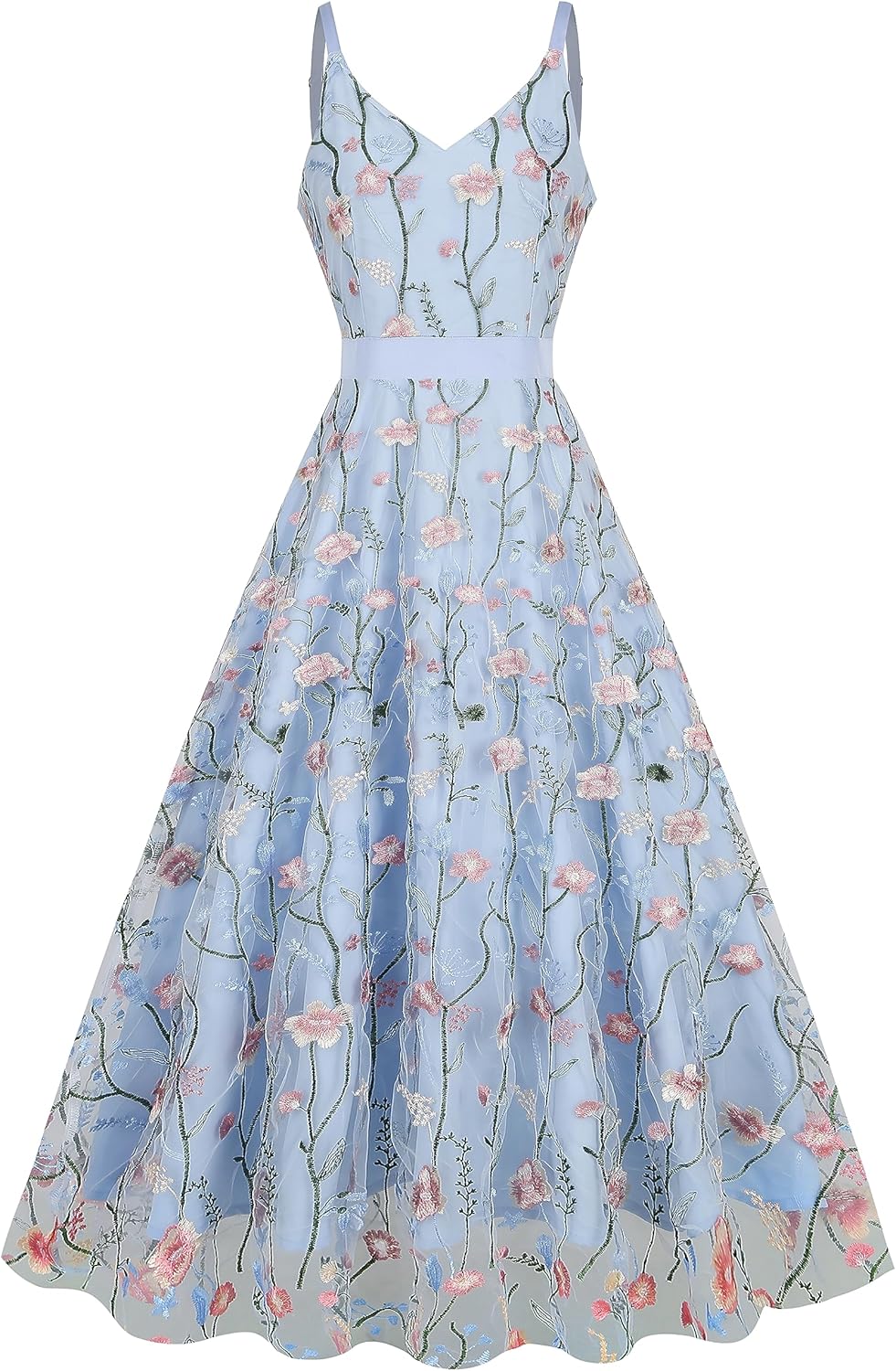 Long Floral Embroidery Dress for Women Flower Embroidered Maxi Dress Spaghetti Straps Formal Evening Party Tulle Prom Dress