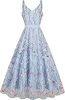 IWEMEK Women's Floral Embroidered Tulle Maxi Dress Spaghetti Straps V-Neck Prom Evening Party Gown