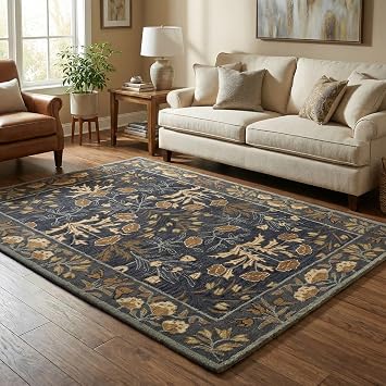 Handmade Floral Adeline Beige/Blue Tulips Traditional Crafted Wool Area Rug for Living Room Bedroom and Kitchen (Charcoal Blue, 10' x 13')