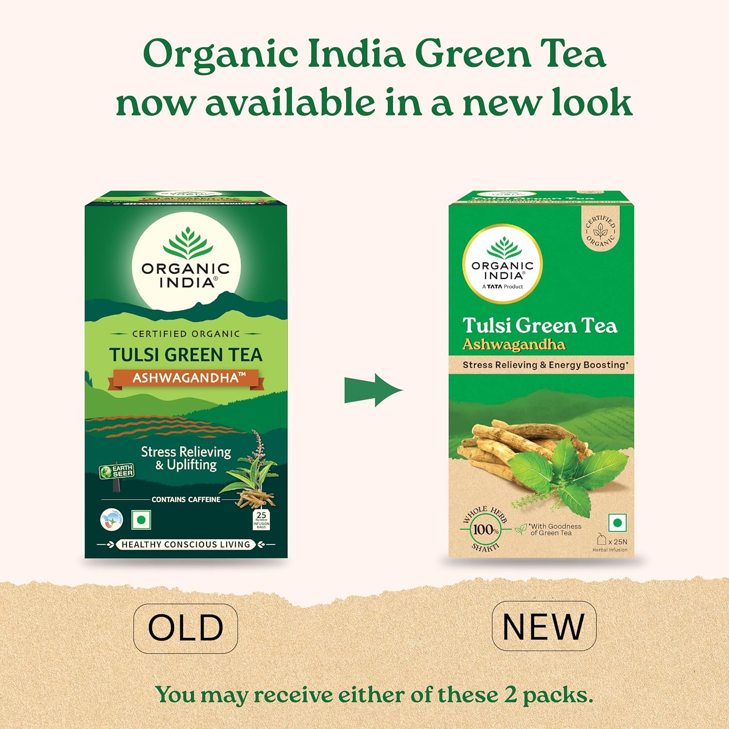 3 X Organic India Tulsi Green Tea Ashwagandha 25 Tea Bags - from India
