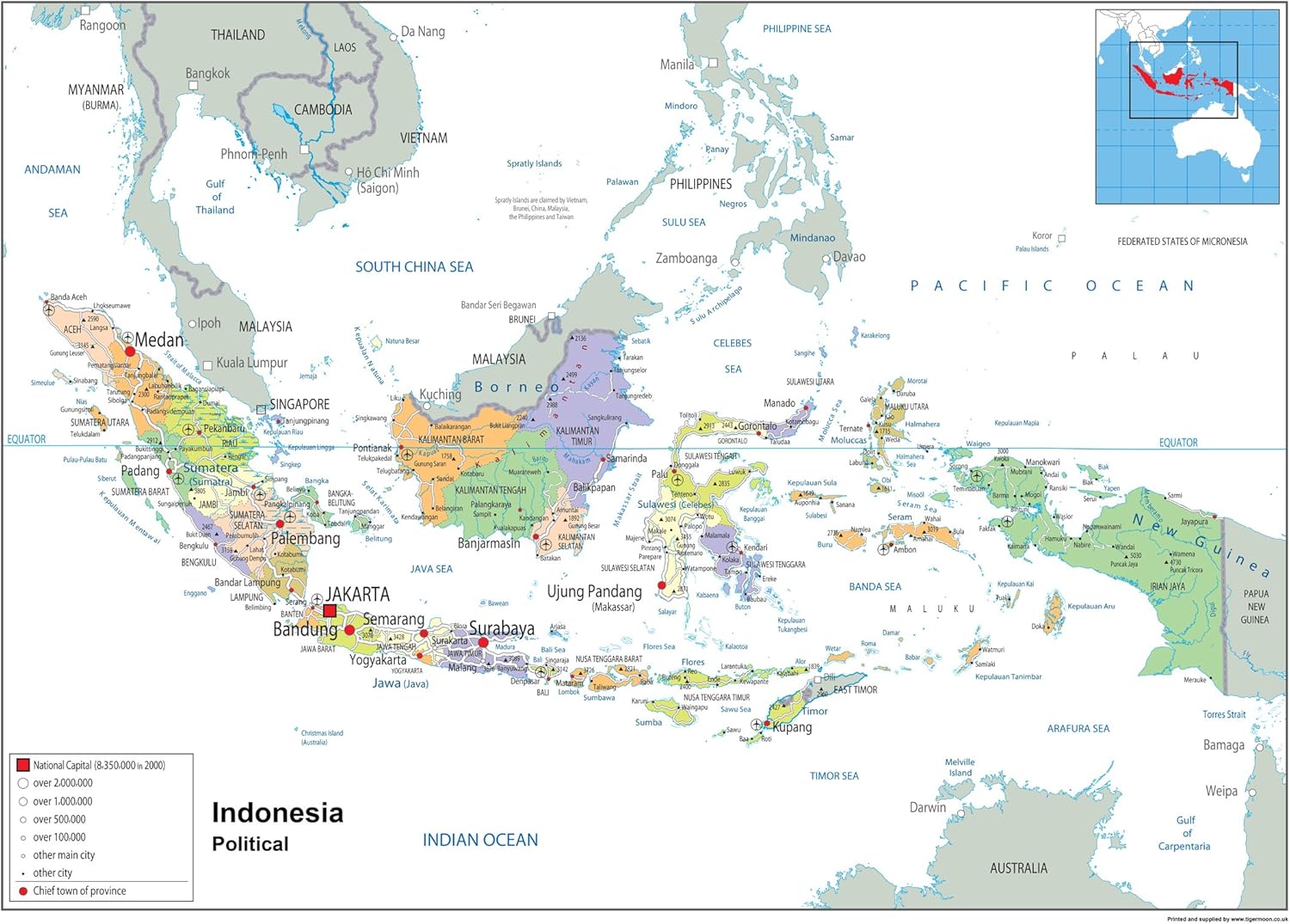 Political Map of Indonesia Size A084.1 x 118.9cm Paper Laminated
