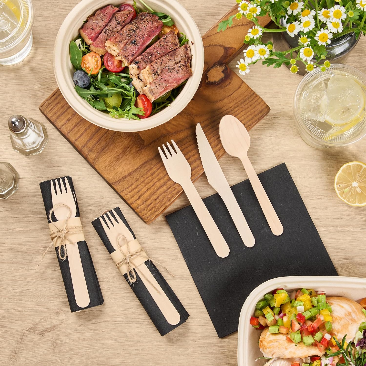 Restaurantware Wooden Cutlery Set 100 Pack of 6.4 Inch Wood Flatware Kit Sustainable Utensils Tied with Twine with Black Napkin Cutlery for Catering Events, Take Out