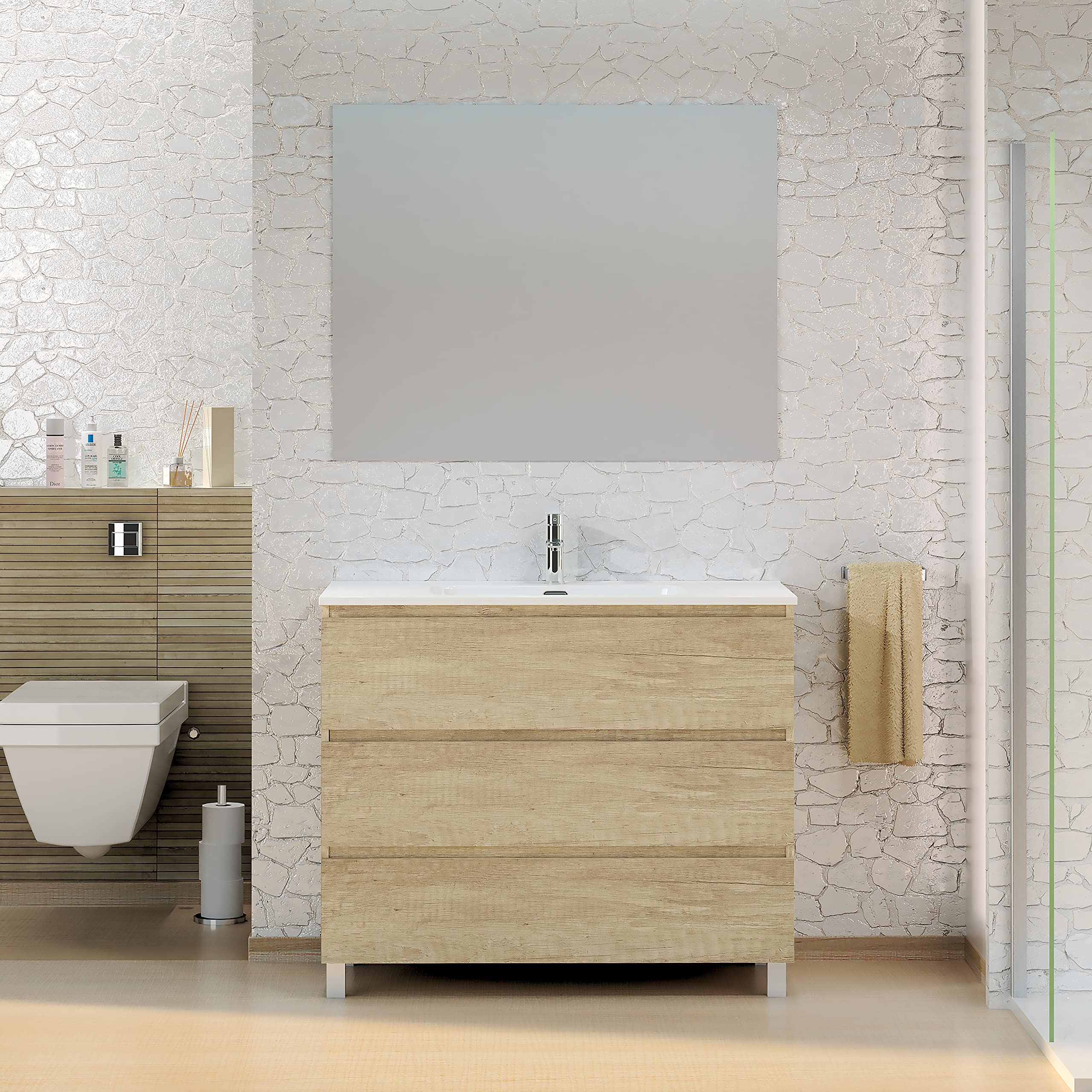 Baikal Conjunto de Mueble de Baño Neo con Espejo Luna Lisa, Tres Cajones o Dos Puertas, Mueble con Patas. Varios Acabados y Medidas. Melamina 16mm. Mueble MONTADO. 3c 120 Nature