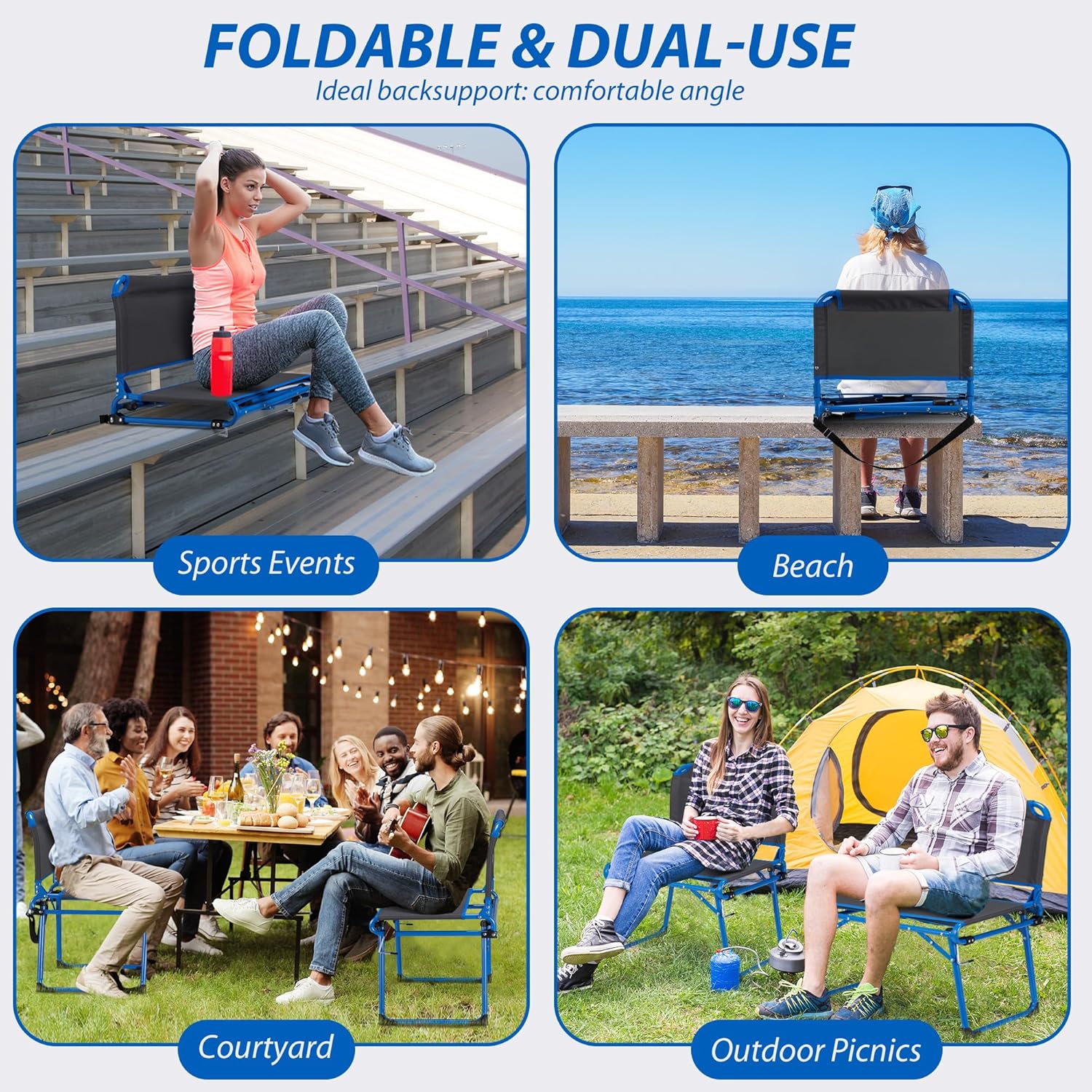 Stadium Seats with Back Support, Portable Folding Bleacher Chairs with Back and Cushion, 2-in-1 Stadium Seats Includes Shoulder Strap, Wide Stadium Seat for Bleachers