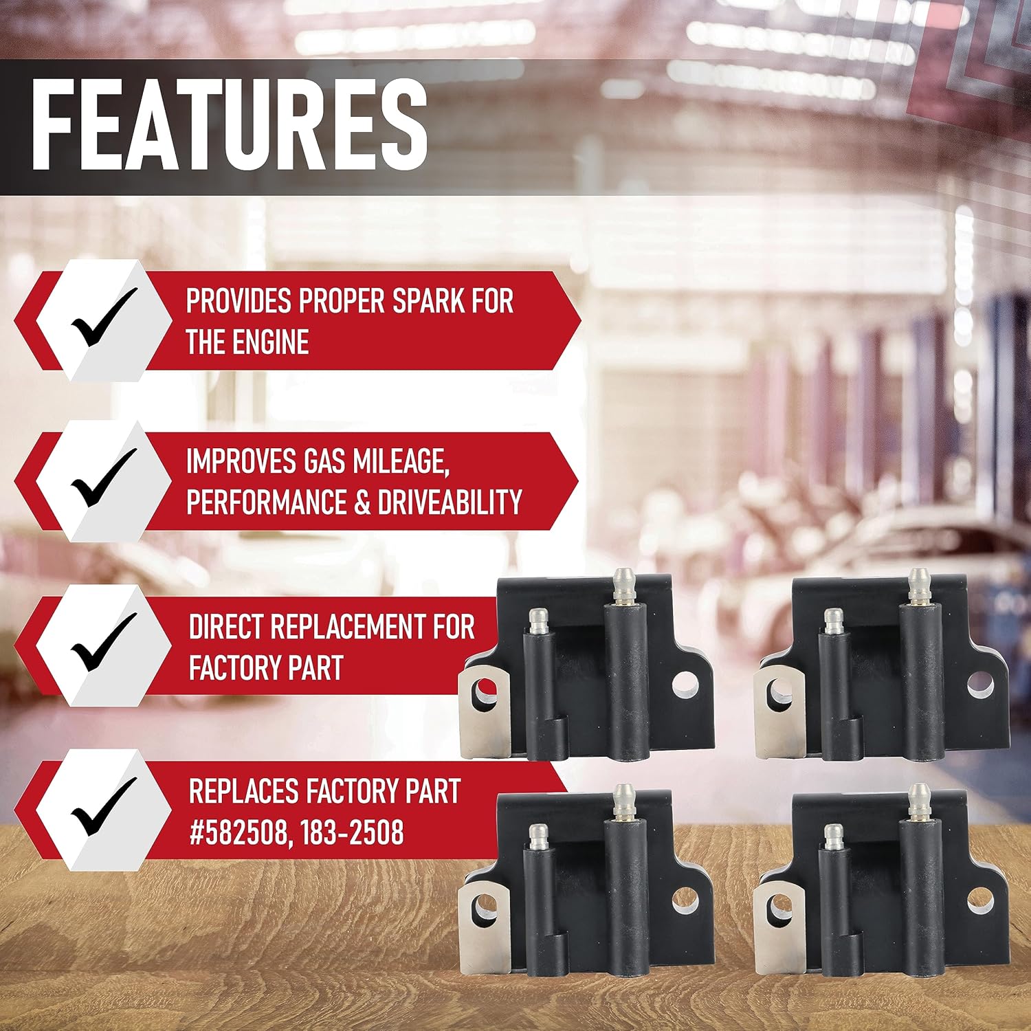 Ignition Coil Pack 4 Packs - Compatible with Johnson and Evinrude 4-60HP, 25-75HP, 65-140HP, 150-250HP, 250-300HP - 2, 3, 4, 5, 6, 8 Cyl. Carbureted 2-stroke Outboard 582508, 183-2508, 18-5179, 72010