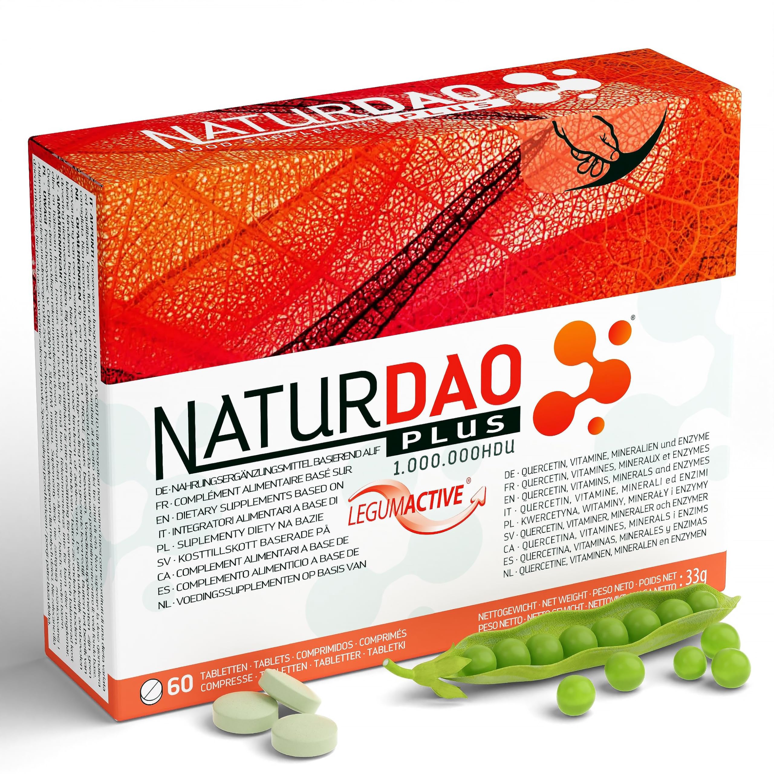NATURDAO Plus® 60 DAO Tablets 3,000,000 HDU per Day - Perfect Dosage with 1,000,000 HDU per Tablet (3 Tablets/Day) + 8 Co-Factors & Adjuvants, Quercetin, Catalase, Vitamins, Copper & Zinc