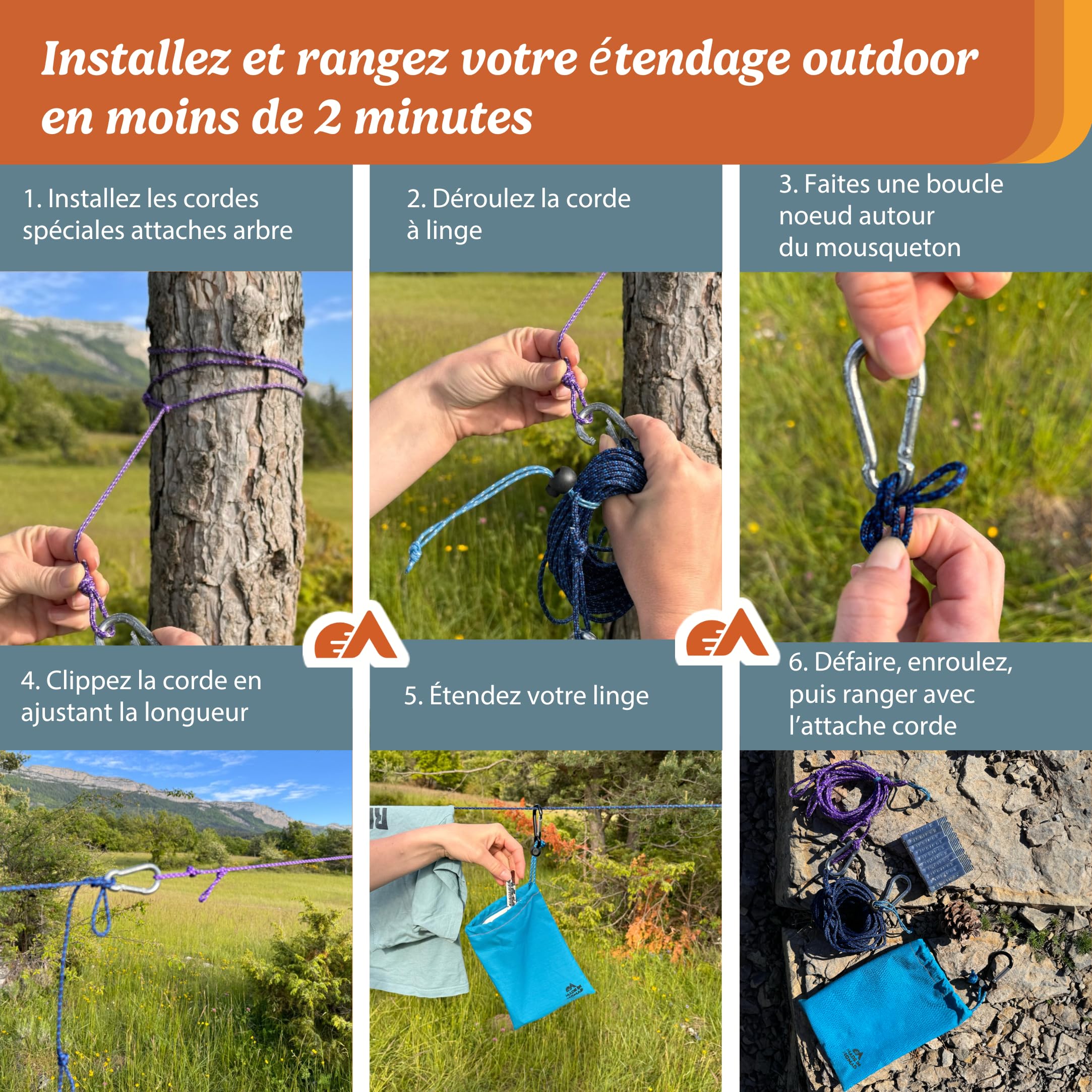Etendoir a Linge Pliable + Corde a Linge Exterieur Intérieur 10M + Sac à Linge 50 x 40 cm, 20 Pinces à Linge INOX, 2 Attaches Arbre/Corde, 2 Crochets, 5 Mousquetons, Voyage Accessoires Made in France