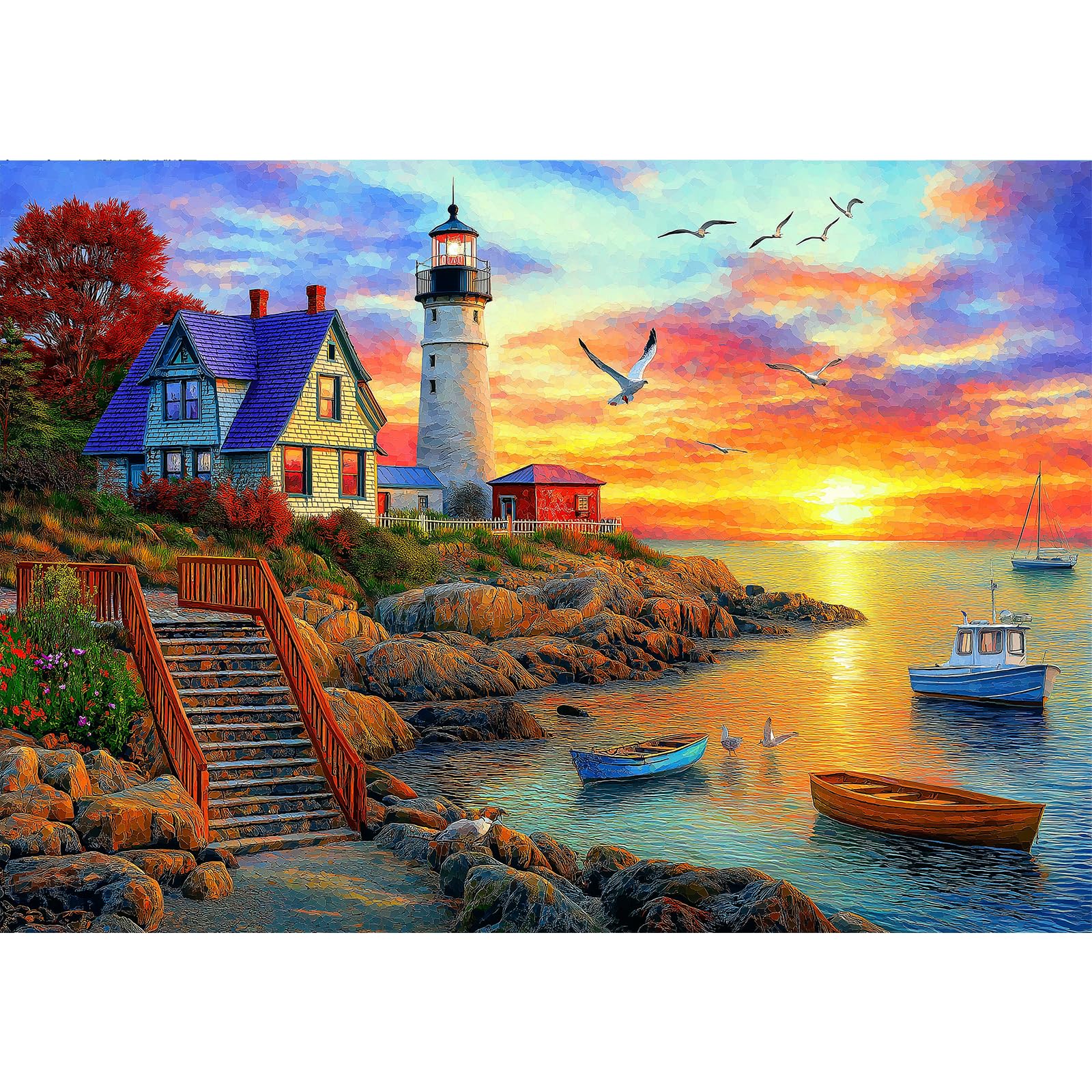 Lighthouse Sunset 500 Piece Puzzles for Adults Colorful Coastal Scene with Boats Jigsaw Puzzles 500 Pieces Seaside Landscape Family Puzzle Challenging Family Puzzle Games Gift for Adults (21"x15")
