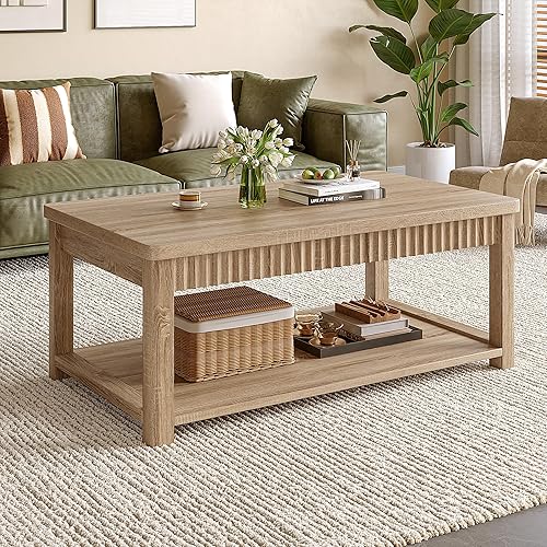 Coffee Table, 39 Inch Modern Coffee Tables for Living Room with 2-Tier Storage & Wave-Edge, Oak Center Table for Bedroom/Office