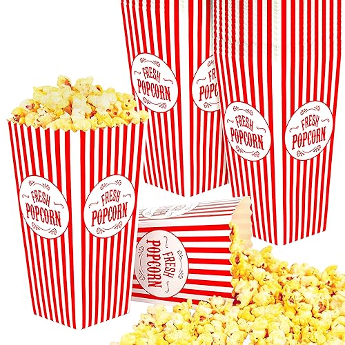 Paquete de 25 cajas de palomitas de maíz desechables de cine a rayas rojas y blancas, capacidad de 46 onzas, caja de aperitivos vintage, suministros