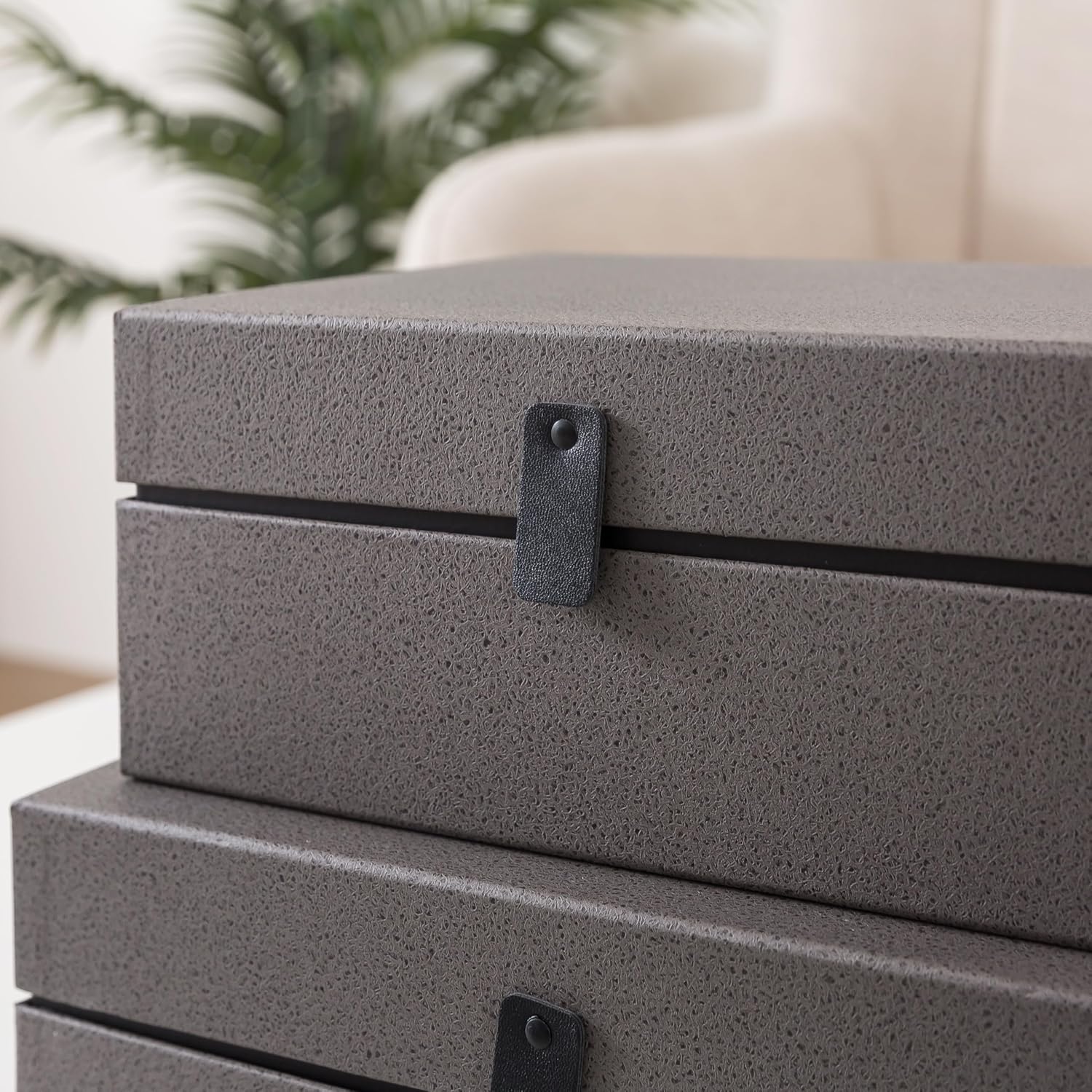 Soul & Lane Decorative Cardboard Boxes with Lids - Set of 3, Keepsake Boxes for Memories, Stackable Photo Storage Organizer, Decorative Storage for Home Decor and Shelves, Graphite Grey