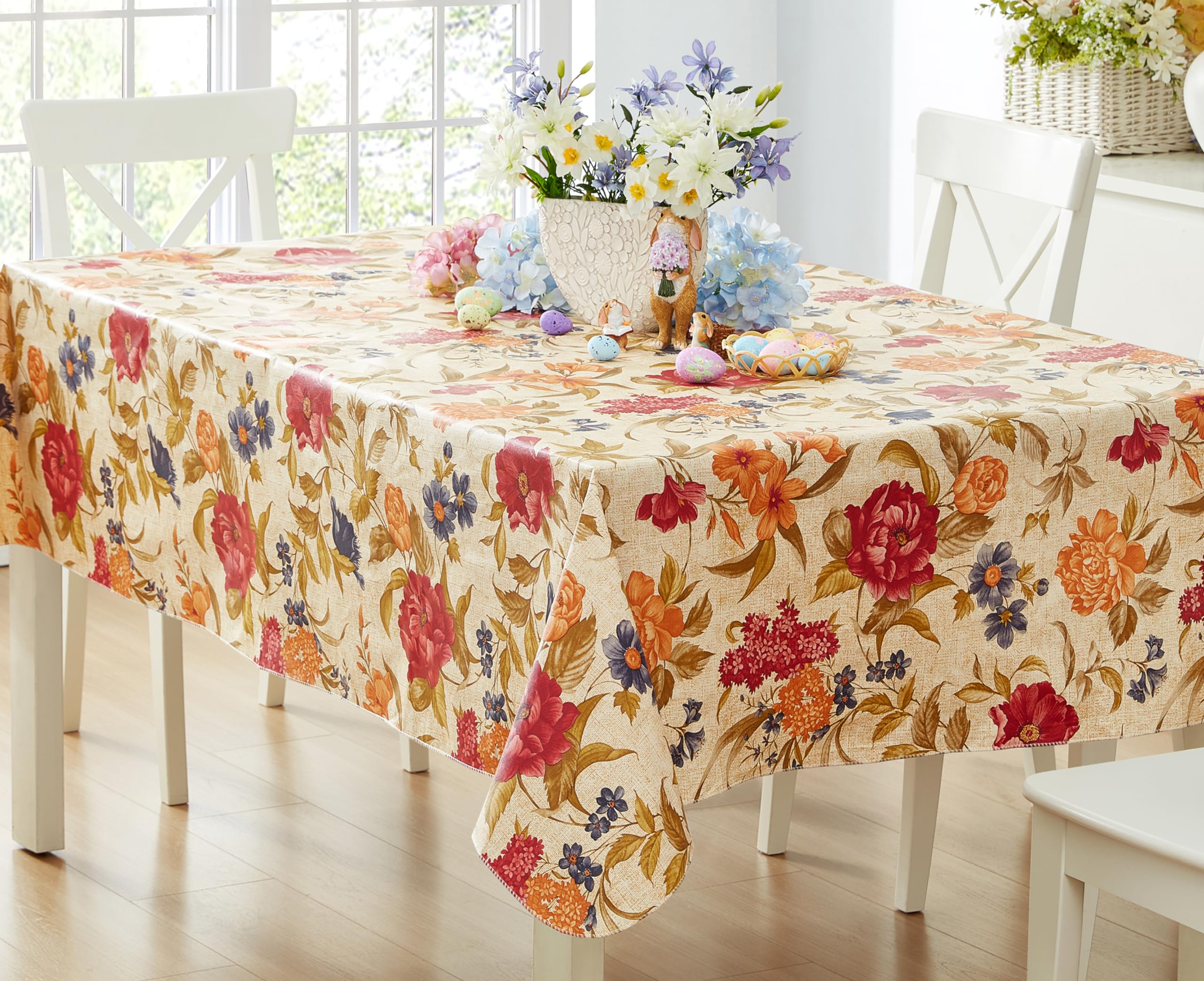 Newbridge Nicolette Multicolor Floral Vinyl Flannel Backed Tablecloth, Traditional Tapestry Flower Design, Easy Care Wipe Clean Indoor Outdoor Table Cover, 52 x 52 Inch Square