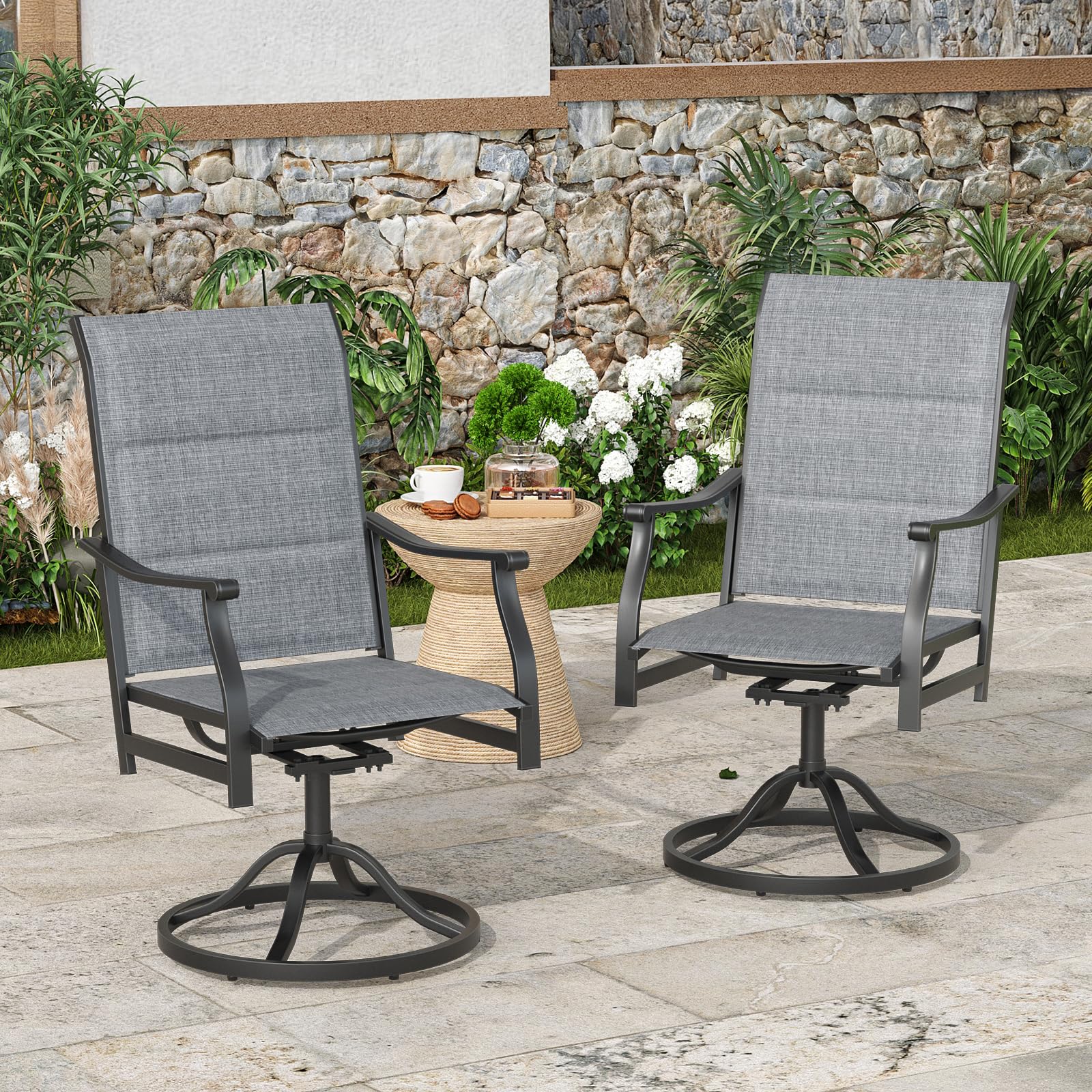 Soohow Patio Dining Chairs Set of 2, Swivel Outdoor Patio Chair with Paded Textilene Fabric, All Weather Outdoor Seats Ergonomic Comfort, Perfect