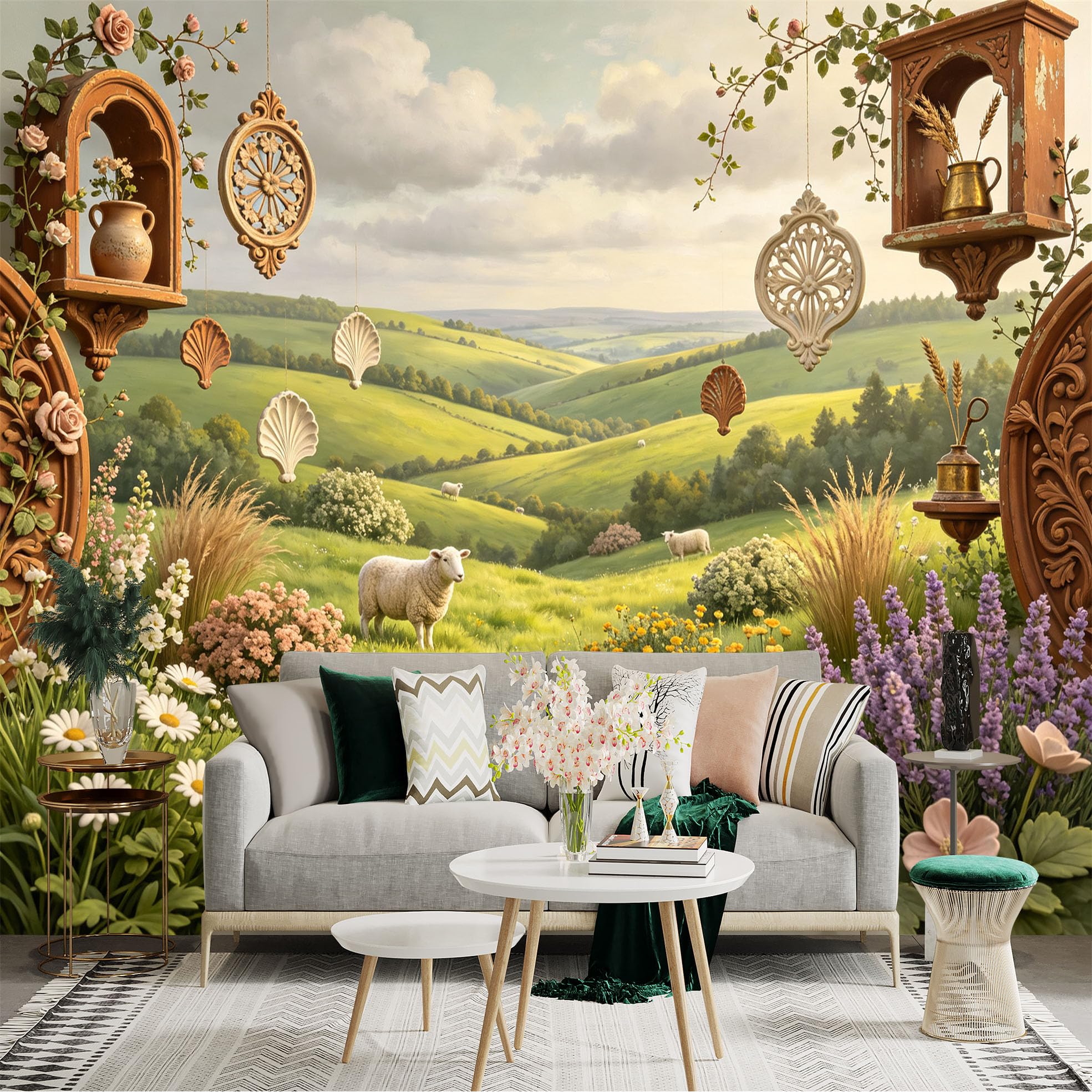 Lnzczhyre Bh260719725 Custom Size Wall Sticker Mural， Rolling Green Hills， Grazing Sheep， Wildflower Meadow， Vintage Hanging Decor， For Wall Decoration， Peelandstick Wall Decals.