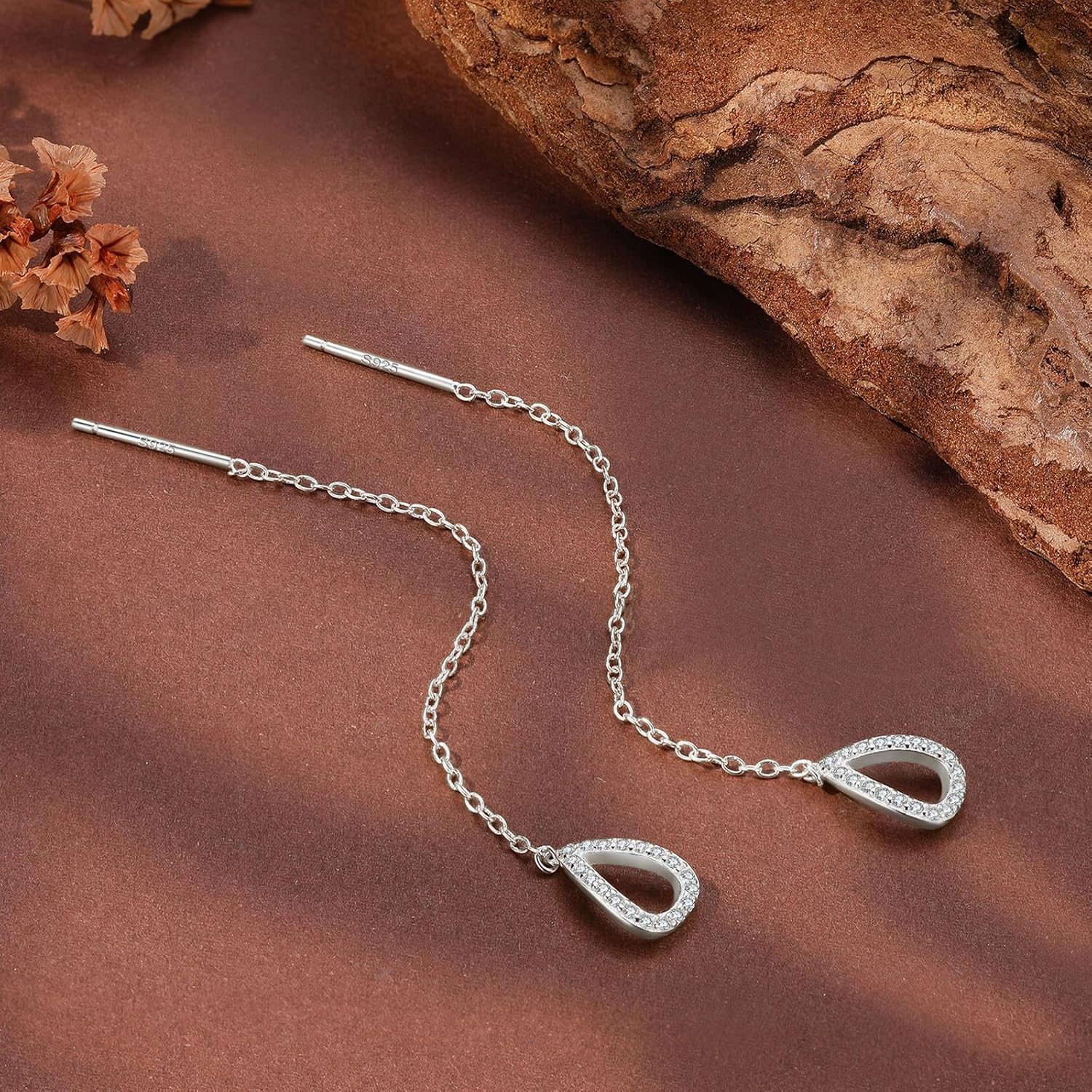 S925 Sterling Silver Threader Earrings for Women Dainty Long Chain Ear Line with Cubic Zirconia Elegant Dangle Tassel Earrings Heart Earring Valentine's Day Weeding Jewelry Gifts for Her - Image 4