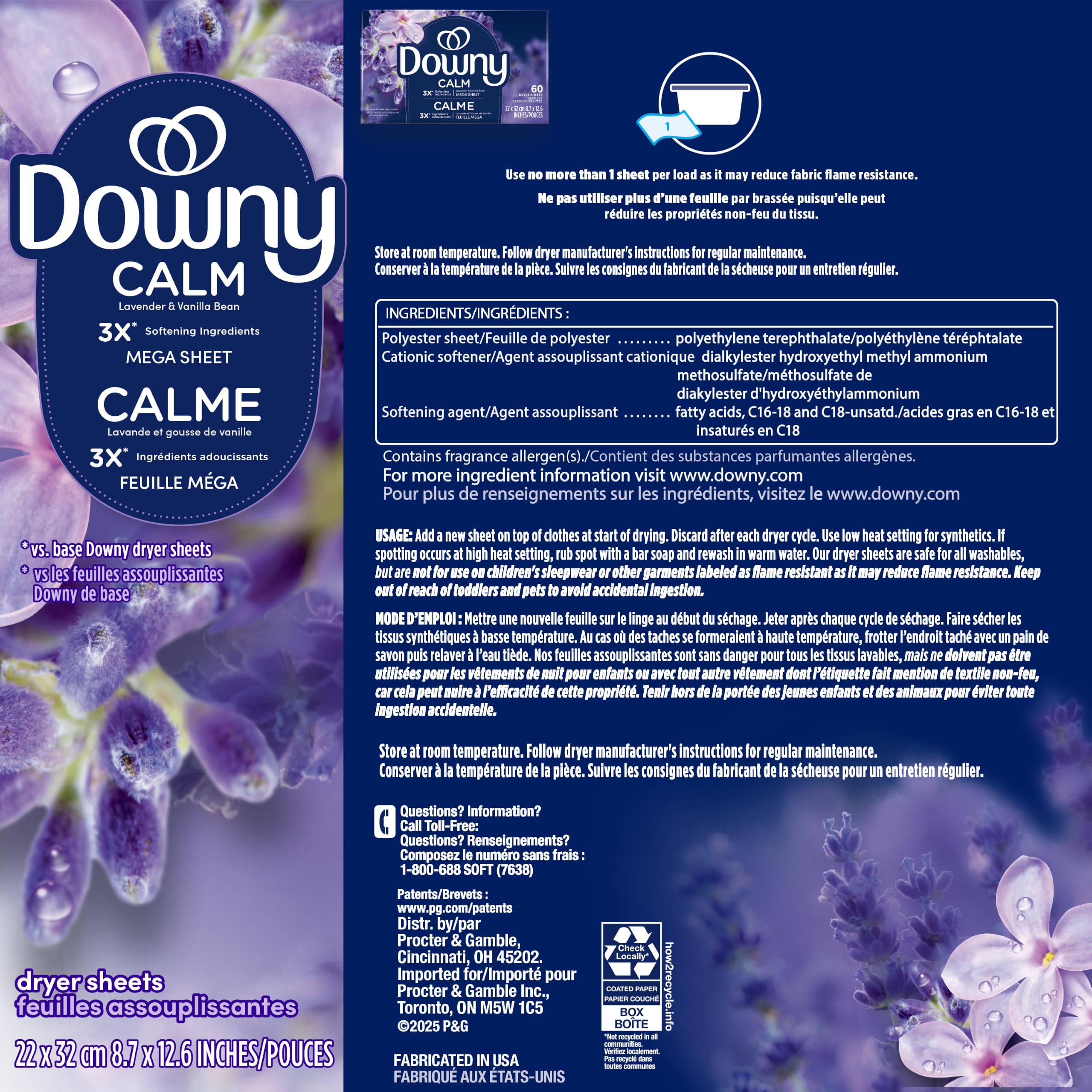 Downy Infusions Mega-Trockner-Bettlaken, Weichspüler, Calm, Lavendel und Vanillebohne, 180 Stück