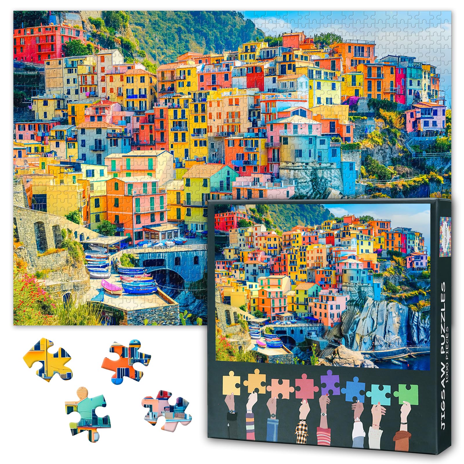 1000 Pieces Jigsaw Puzzles Colorful Houses of Cinque Terre Funny Puzzle for Adults Family Decompression Challenging Manarola Fishing Village Jigsaw Puzzle as Gift for Friends 27.5"X19.7"