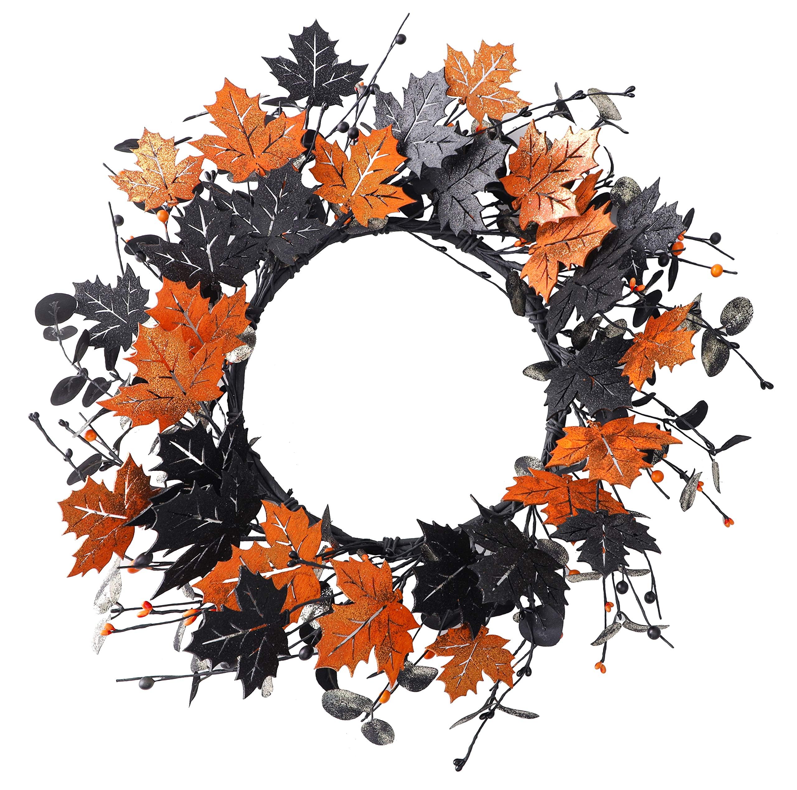 YNYLCHMX 20" Halloween Wreath for Front Door, Golden and Black Maple Leaves