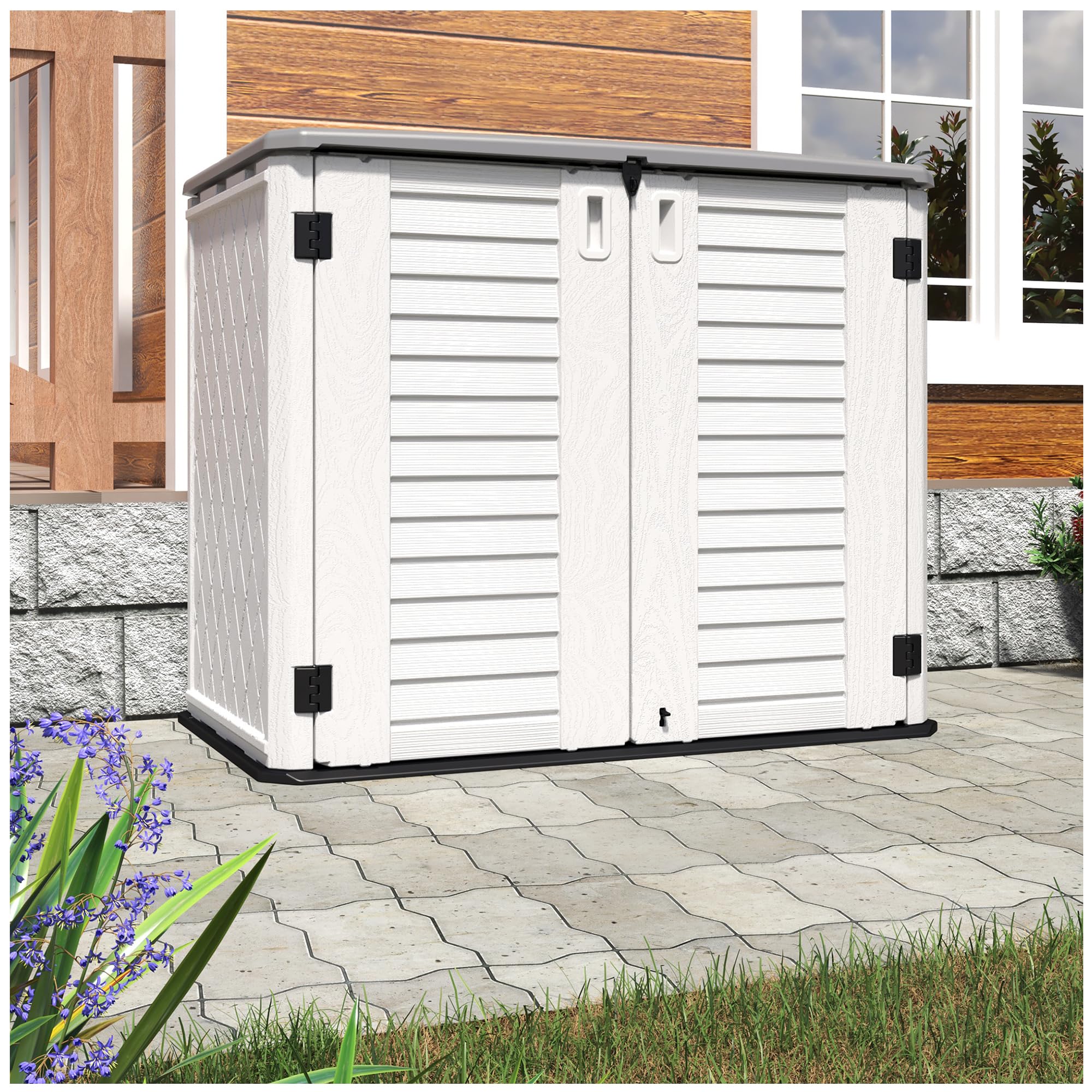 HOMSPARKHorizontal Storage Shed Weather Resistance, Multi-Purpose Outdoor Storage Box for Backyards and Patios, 26 Cubic Feet Capacity for Bike, Lawnmower, Trash Cans, Patio Accessories