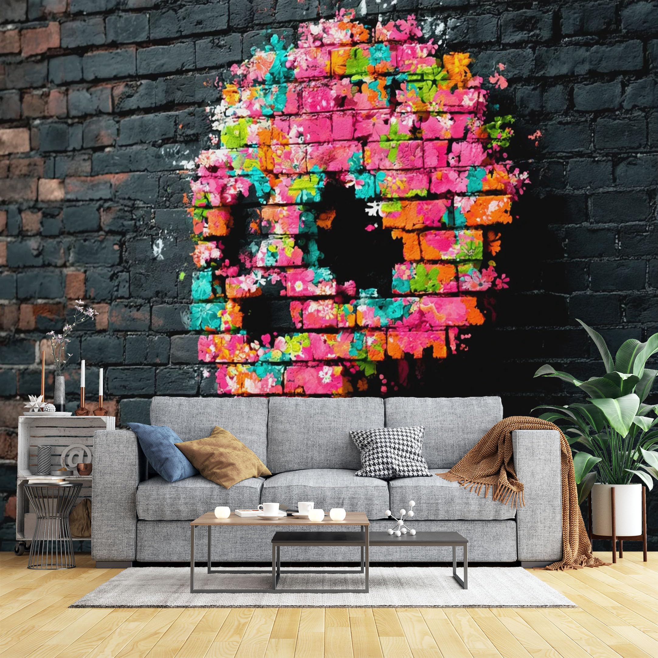 Custom Size Wall Murals Colorful Floral Skull Graffiti Wall Murals Street Art Wallpaper, Realistic Self-Adhesive Removable Wallpaper for Bedroom