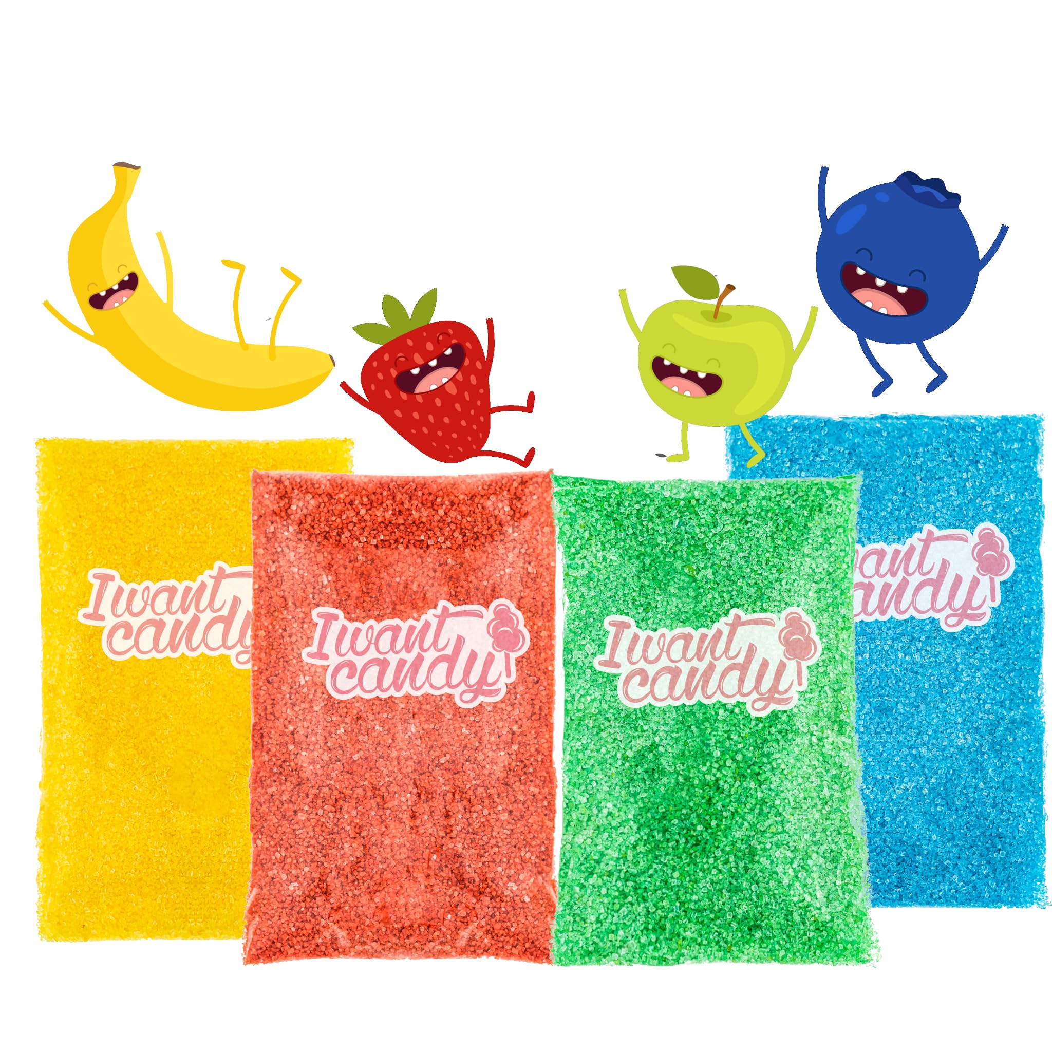 I WANT CANDY Wata cukrowa premium cukier cukrowy - kolorowy o wspaniałym smaku, 4 x 200 g - banan - truskawka - jabłko - jagoda | idealna do wszystkich rodzajów maszyn, łącznie 800 gramów