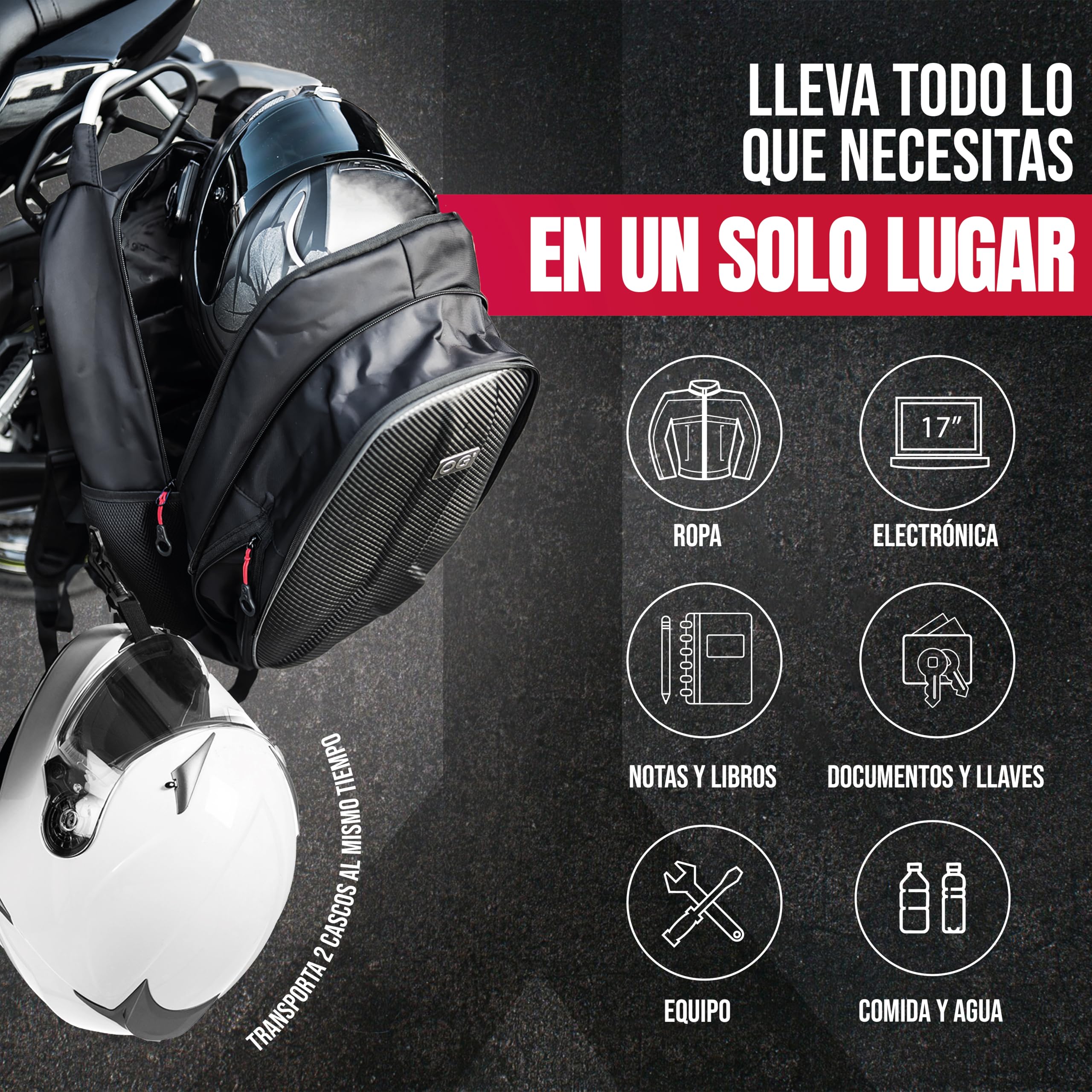 GetAway Mochila para Moto Impermeable de Carcasa Rígida 2 Cascos 35-45L | Mochila ampliable de con compartimento para portátil, sistema antirrobo, correa para casco y detalles reflectantes.