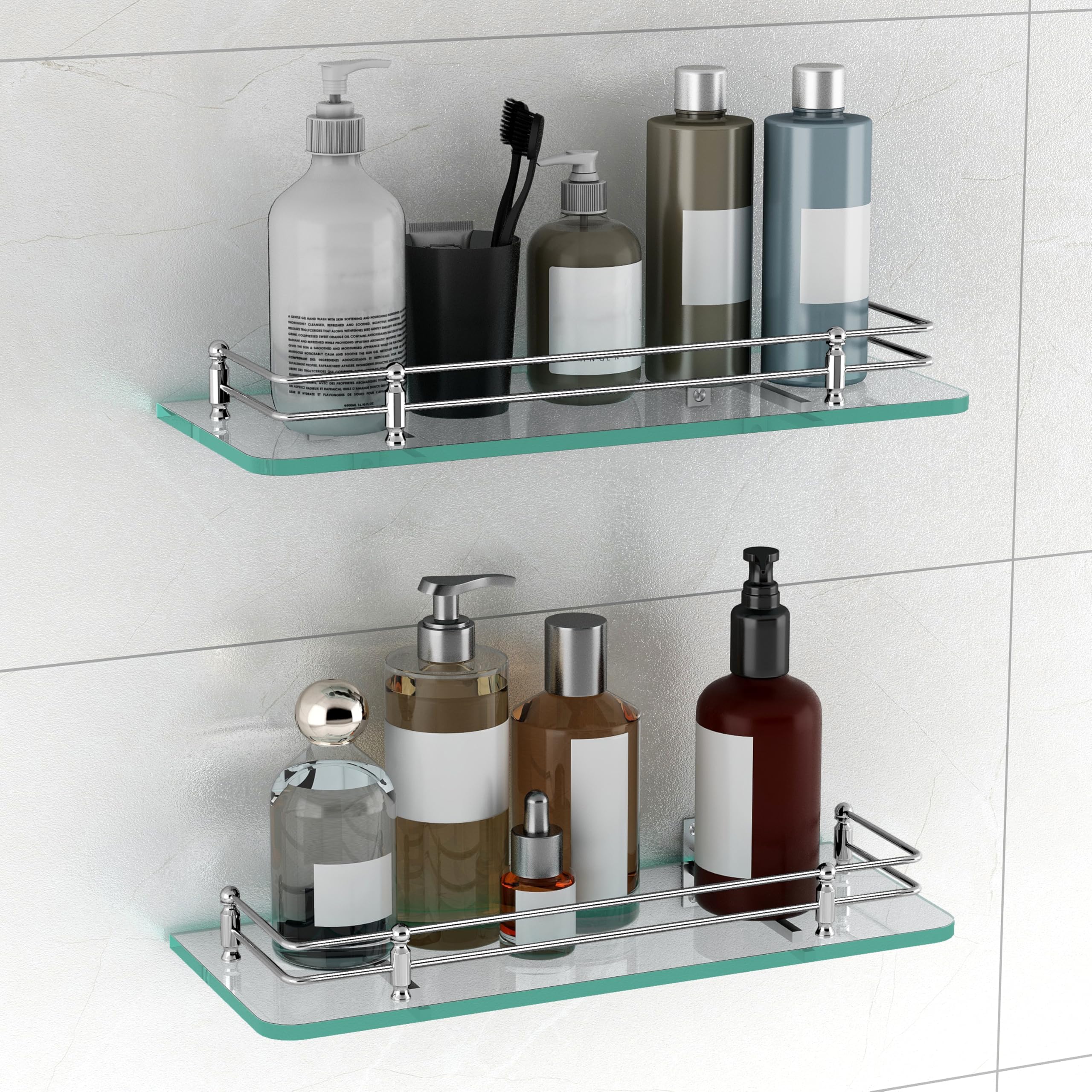 Plantex Glass Shelf for Bathroom/Kitchen Wall Mounted/Living Room Transparent Glass Shelf - Bathroom Organizer (Polished - 15x6 Inches - Pack of 2)