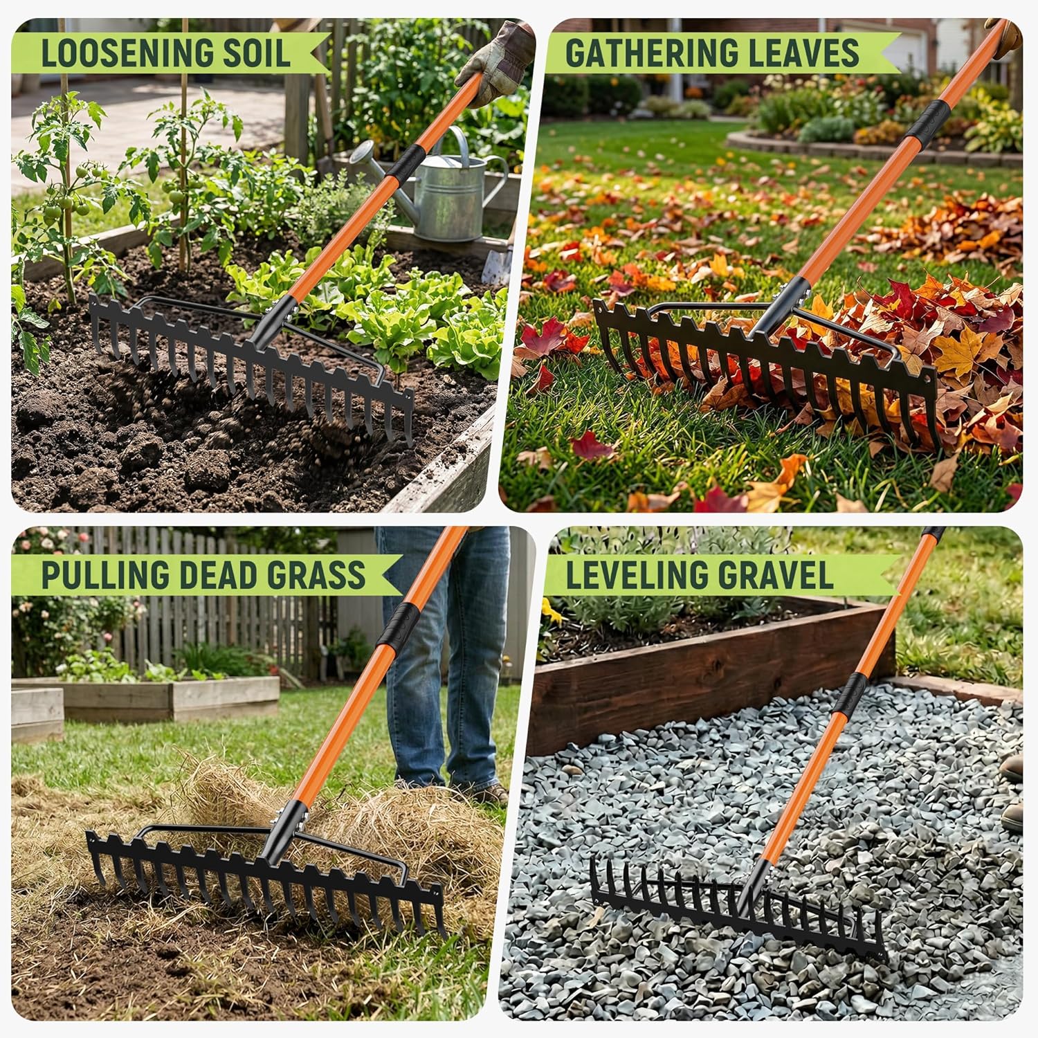 63" Heavy Duty Bow Rake with 17-Tine Metal Rake Head and Adjustable Handle, 17" Wide Steel Garden Rake for Lawn Care, Soil Loosening, Gravel & Rock Leveling, Leaf and Mulch Cleanup