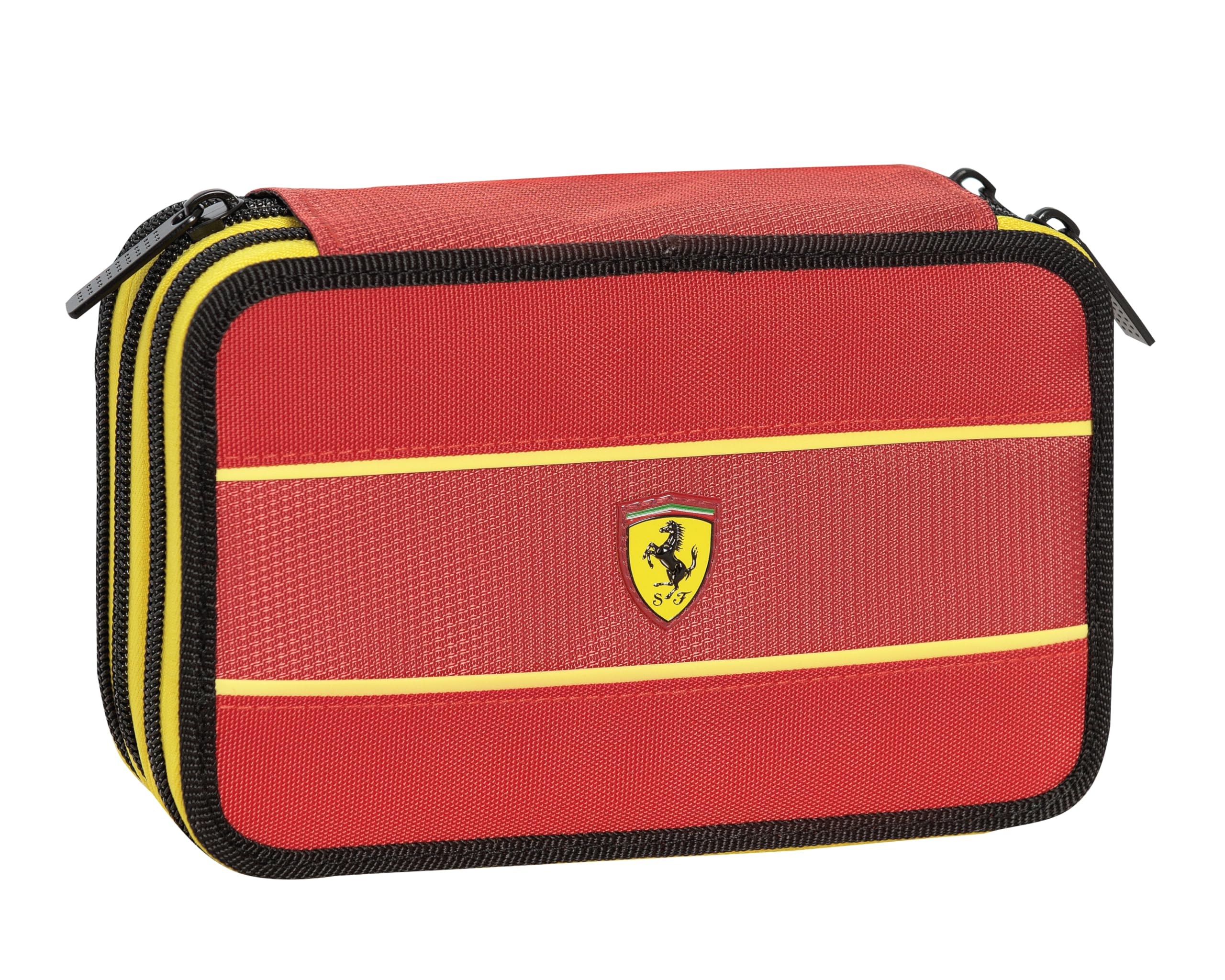 Franco Cosimo Panini Ferrari Kids - Pencil Case for School, Official Ferrari Pencil Case, 3 Compartments for Children, with Stationery Set, Frixion Blue Erasable Pen and Practical Zip, 20 x 13 x 7 cm