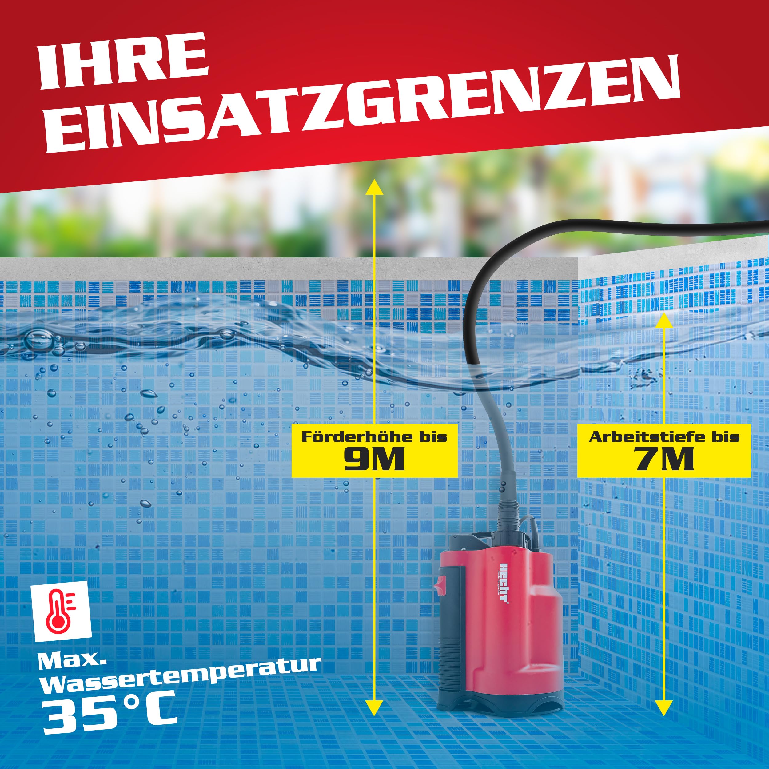 HECHT Tauchpumpe 750 W – 13 000 l/h Schmutzwasser & Klarwasser Automatik-Schwimmerschalter – Bis 9 m Förderhöhe - Wasserpumpe für Keller, Pool, Regentonne & Garten – zum Aus- & Abpumpen