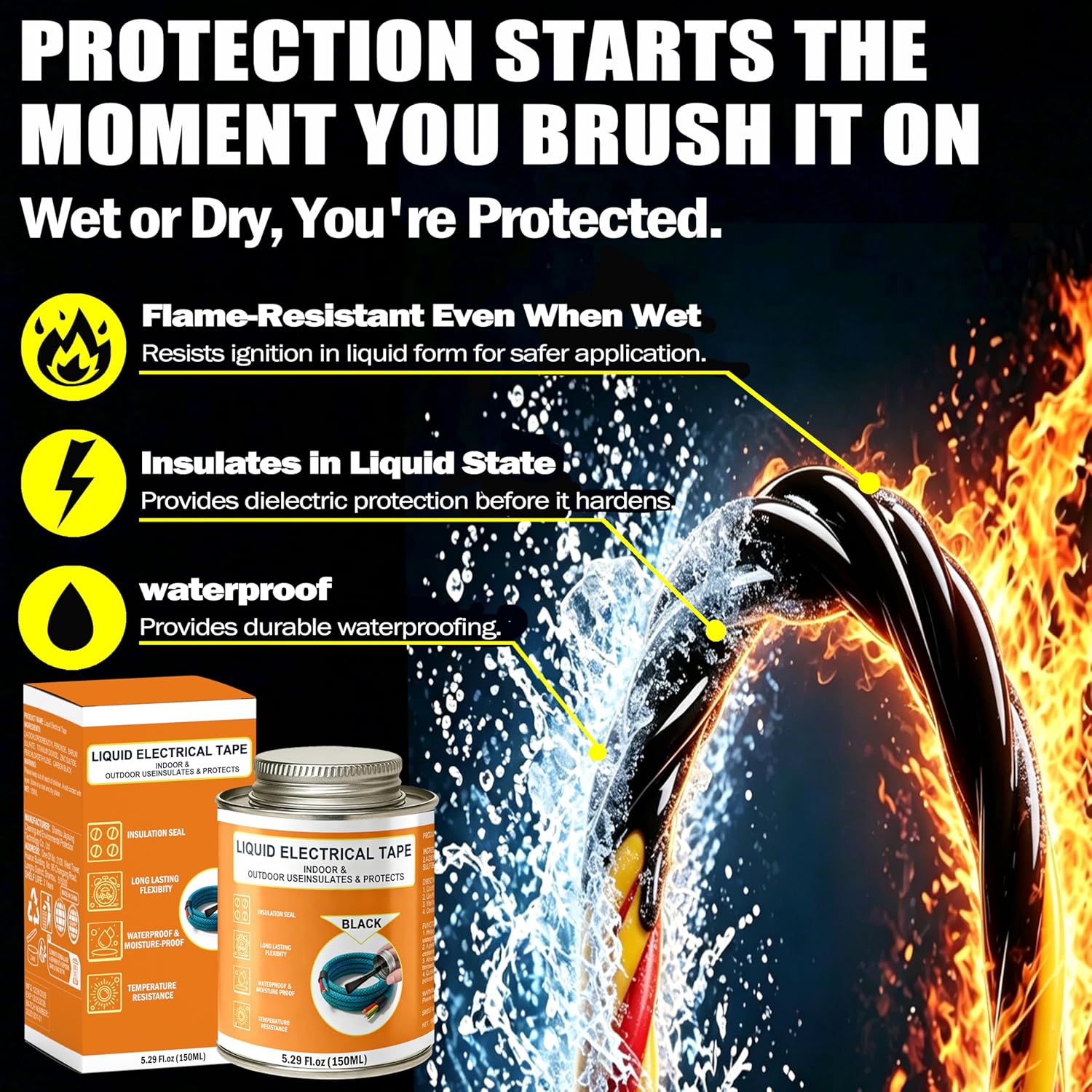 5.29 oz Liquid Electrical Tape Quick-Drying Insulating Glue with Brush Cap - Quick-Dry Waterproof Sealant for Wires, Cables, Connectors, Outdoor & Automotive Electrical Equipment (Black)