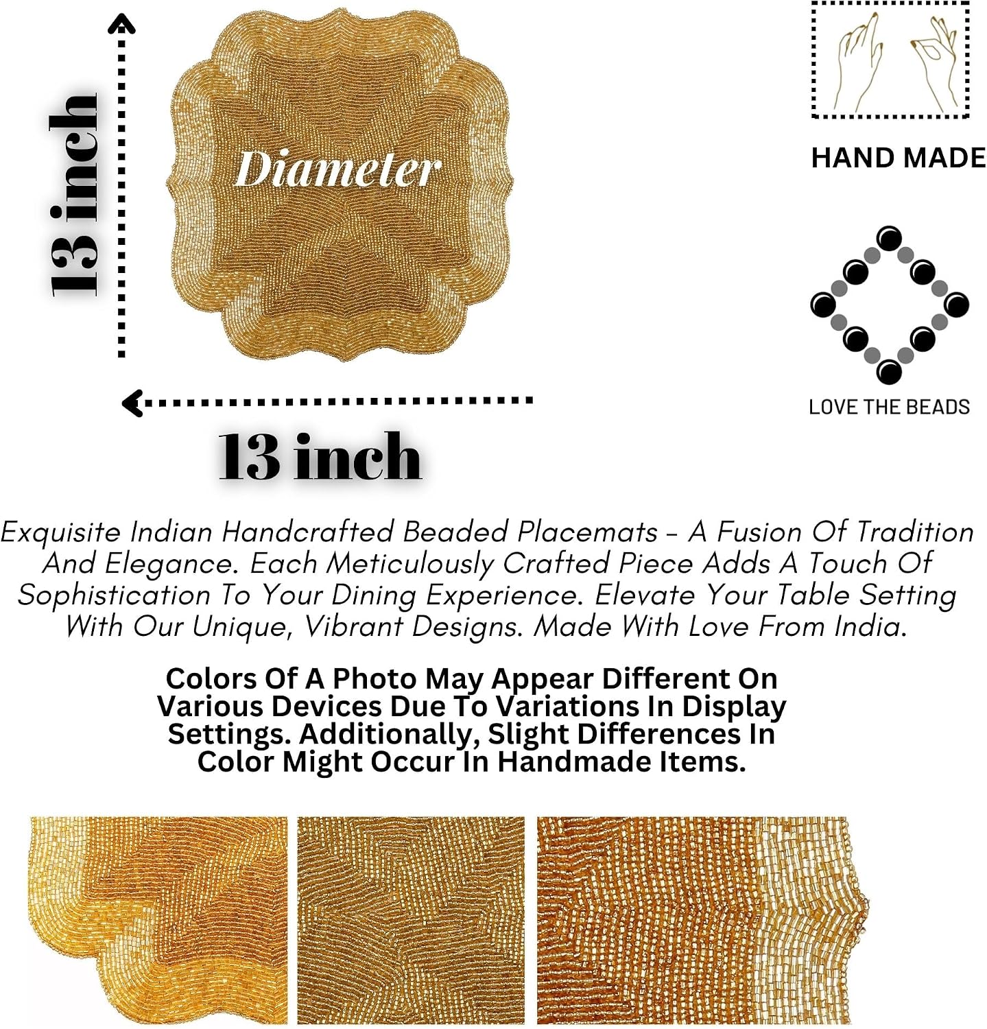 Beaded Placemats for Dining Table - Pack of 2 Measure 13 Inches Beaded Placemats Round for Gathering, Occasional Decoration and Family Parties Celebrations - Gold
