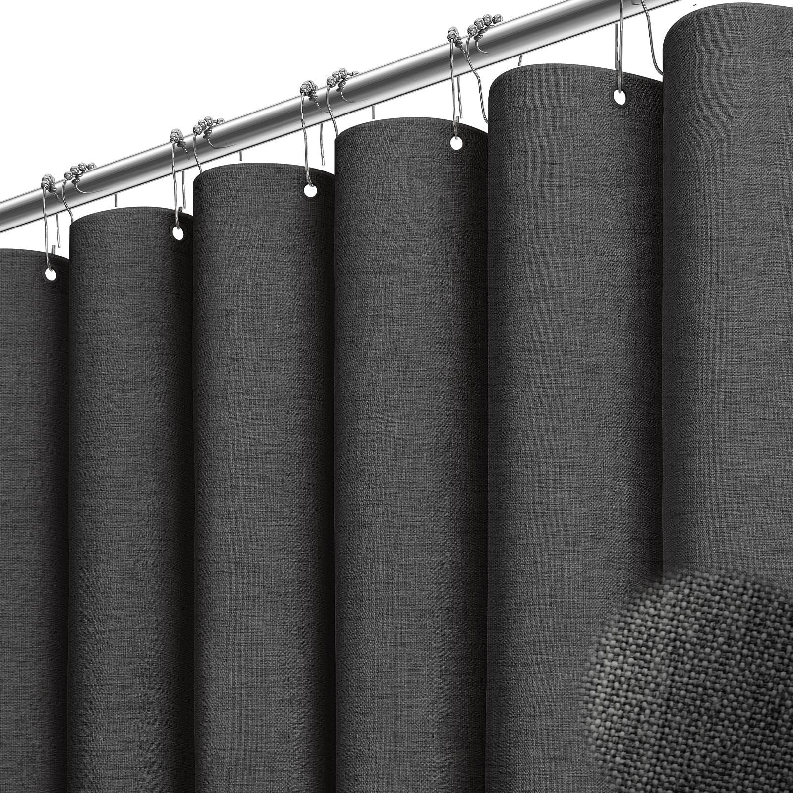 BTTN Rideau de douche de 198 cm de long, ensemble de rideaux de douche en tissu texturé épais et lin gris avec 12 crochets, rideaux de douche neutres pour hôtel imperméables en polyester pour salle de