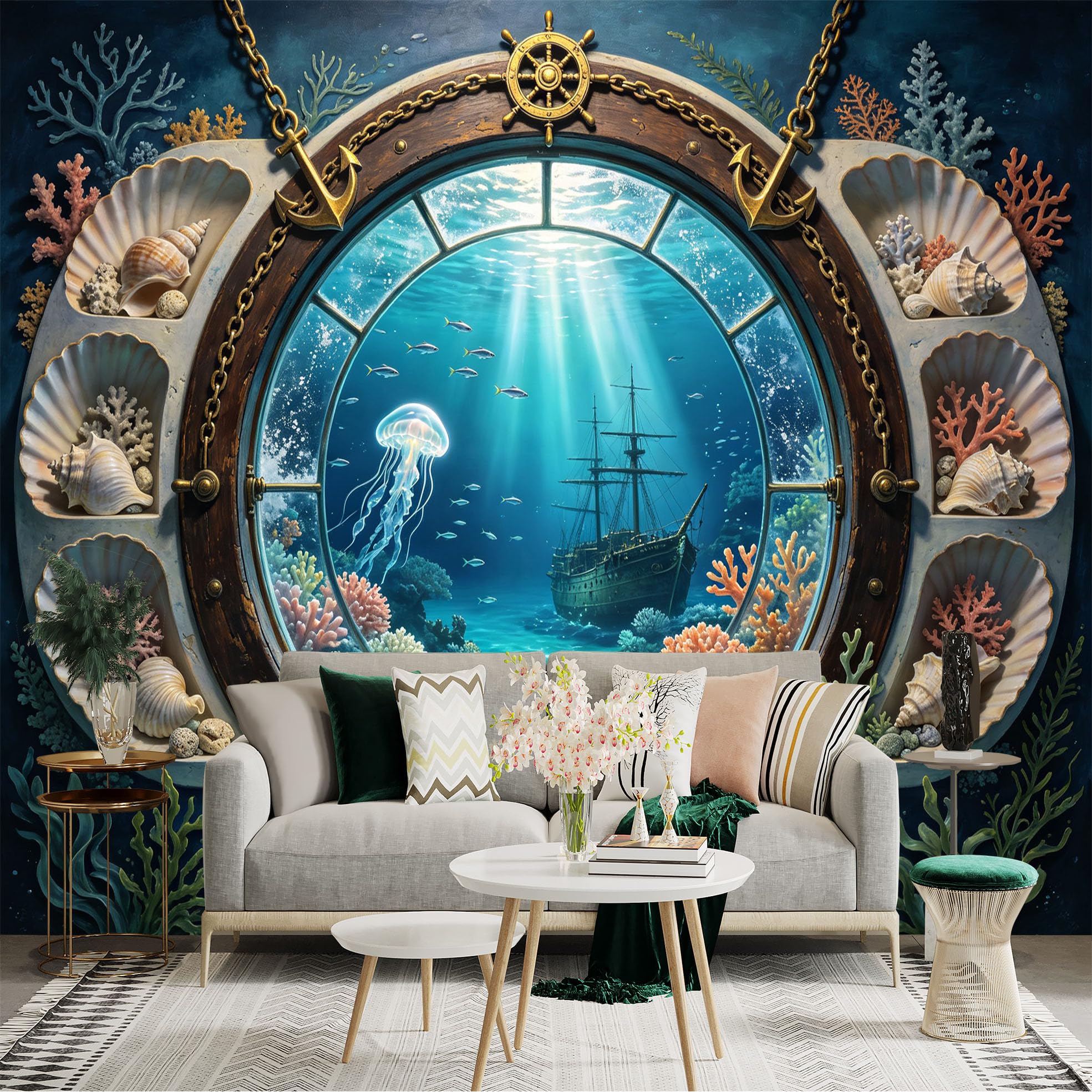 Custom Size Wall Sticker Mural， Underwater Shipwreck Ocean View， Coral Reef and Jellyfish， for wall Decoration， peelandstick wall Decals.
