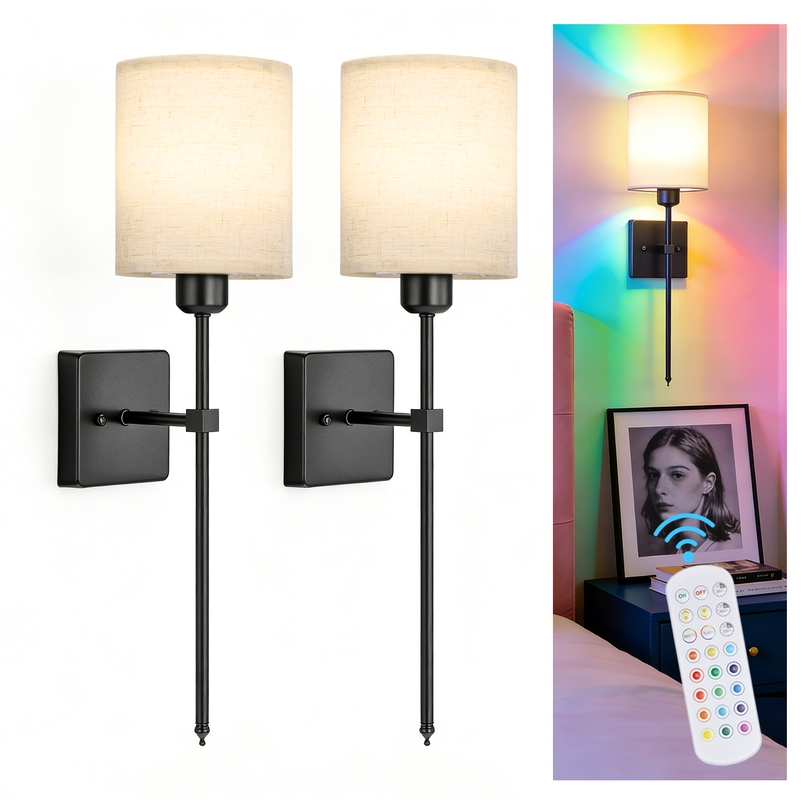 Image of Battery Operated Wall Sconce Set of 2, Wireless Wall Light Gold | Battery Operated Wall Sconce 5300mAh Rechargeable Dimmable Bulb, 12 Colors Wireless Wall Sconces for Bedroom Living Room