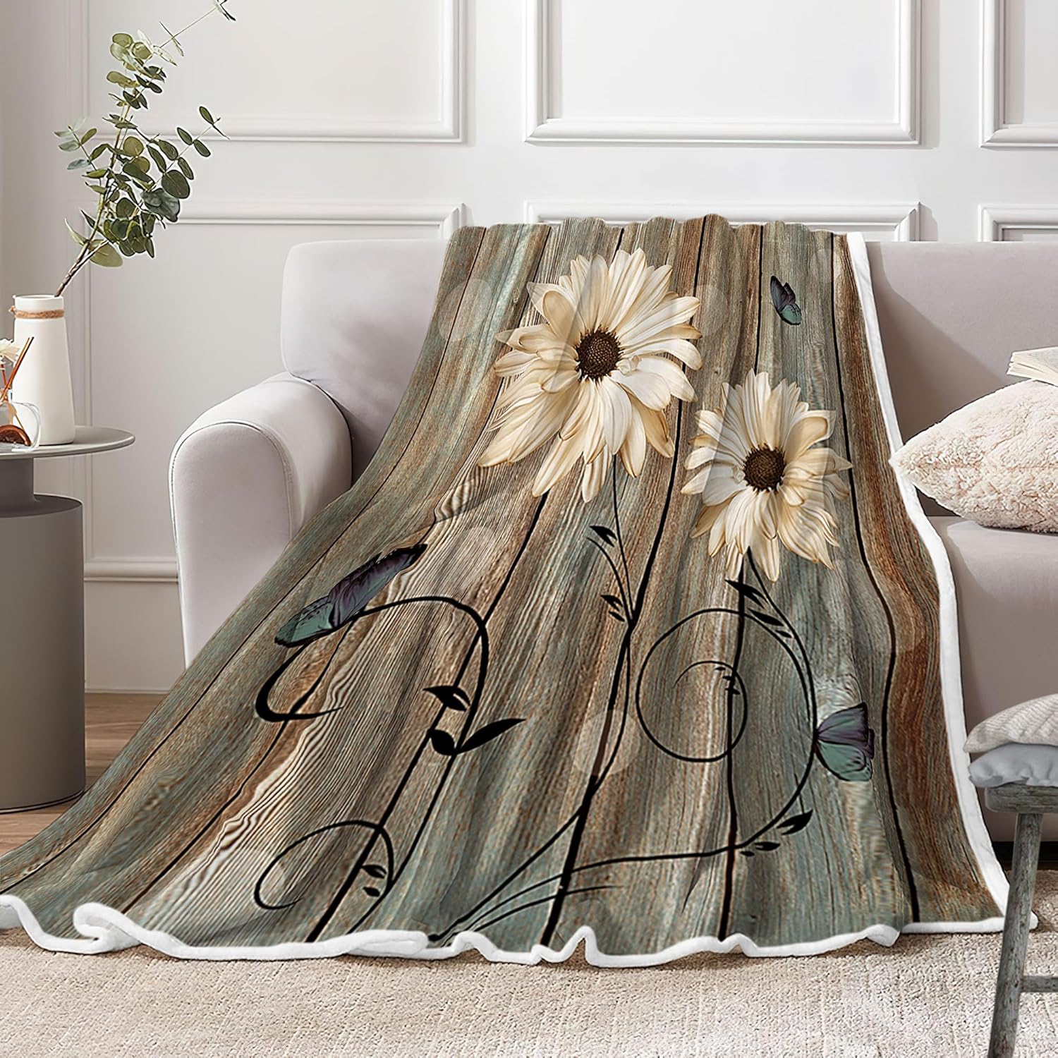 Rustic Floral Throw Blankets, Elegant Daisy Flower Butterflies Cozy Warm Bed Couch Blanket, Farmhouse Barn Wood Vintage Fabric White Fleece Flannel Throws to Decorate The Room and Bedroom