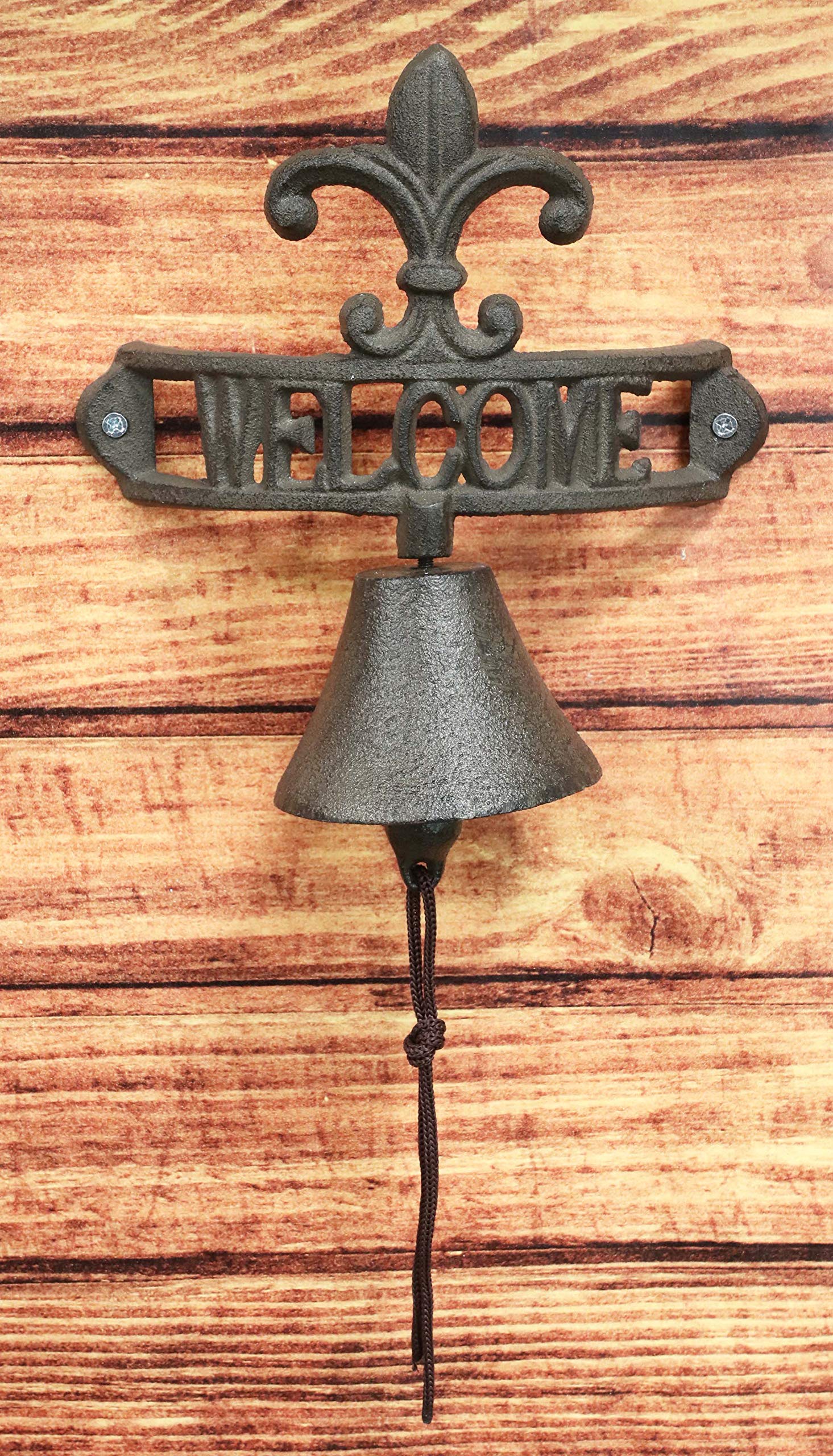 Ebros Gift Cast Iron Rustic Vintage Fleur De Lis Crown with Welcome Word Sign Door Wall Dinner Yard Bell Outdoor French Southwestern Farmhouse Accent Bells
