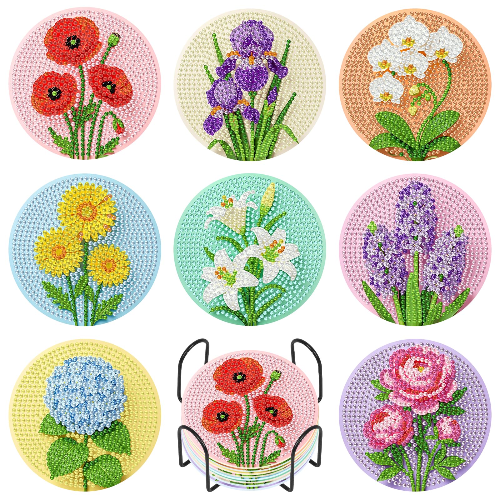 8 Pack Flowers Diamond Art Coasters Set with Holder and Cork Backing