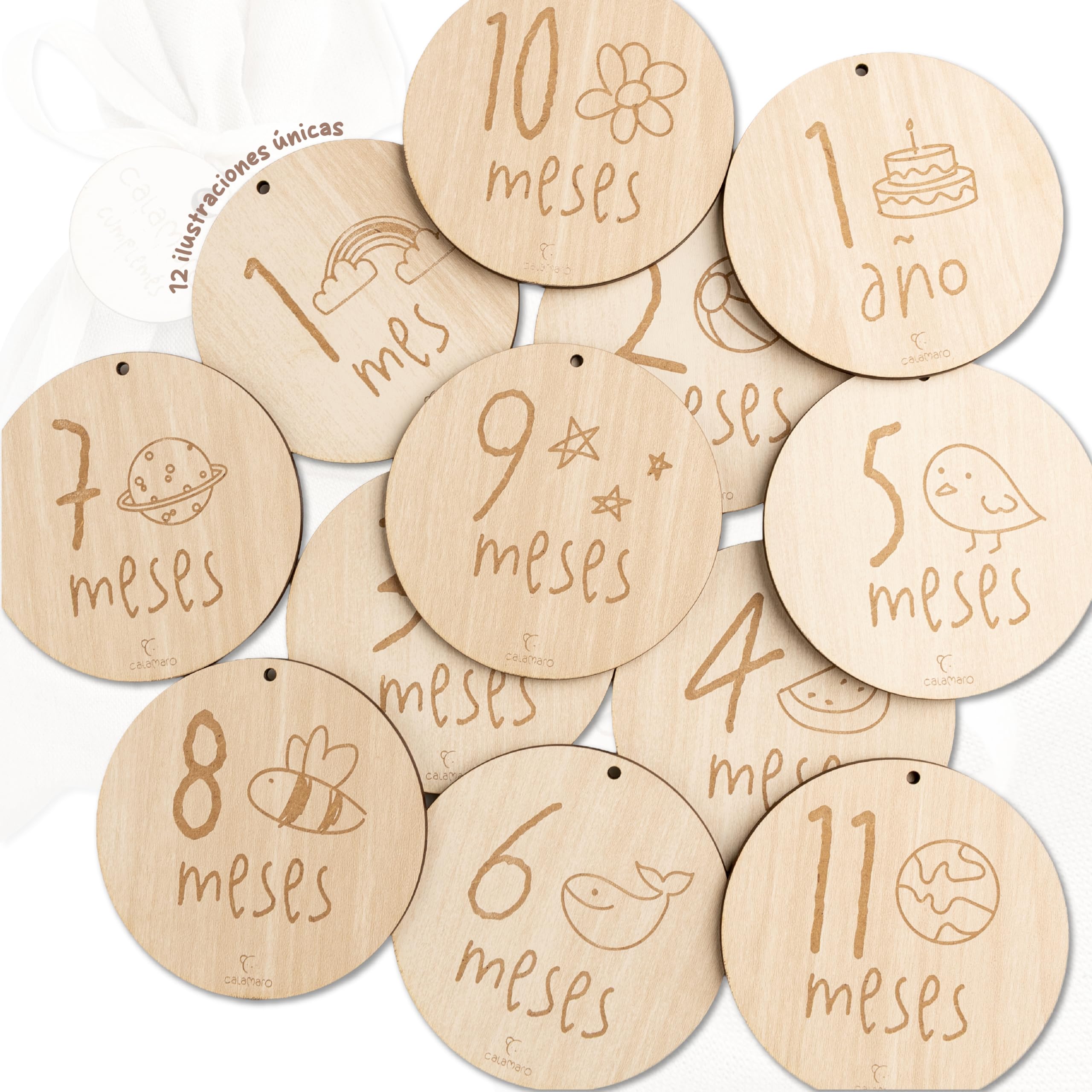 Calamaro - Cumplemes Bebé Madera – Set 12 Placas 1-11 Meses + 1 Año – Cumplemes Bebé Español – Regalo Recién Nacido – Hecho en España – Bolsa Lino Premium (English)