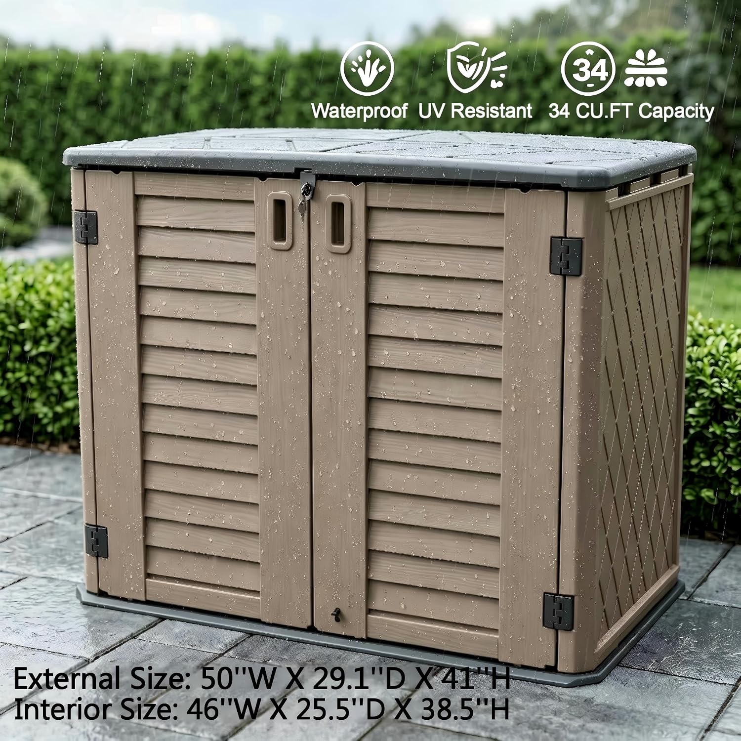 Outdoor Storage Cabinet, 34 Cu. Ft Horizontal Resin Storage Shed for Trash Cans/Garden Tools/Backyard/Pool, Weatherproof & Lockable, No Shelf Included (Brown)