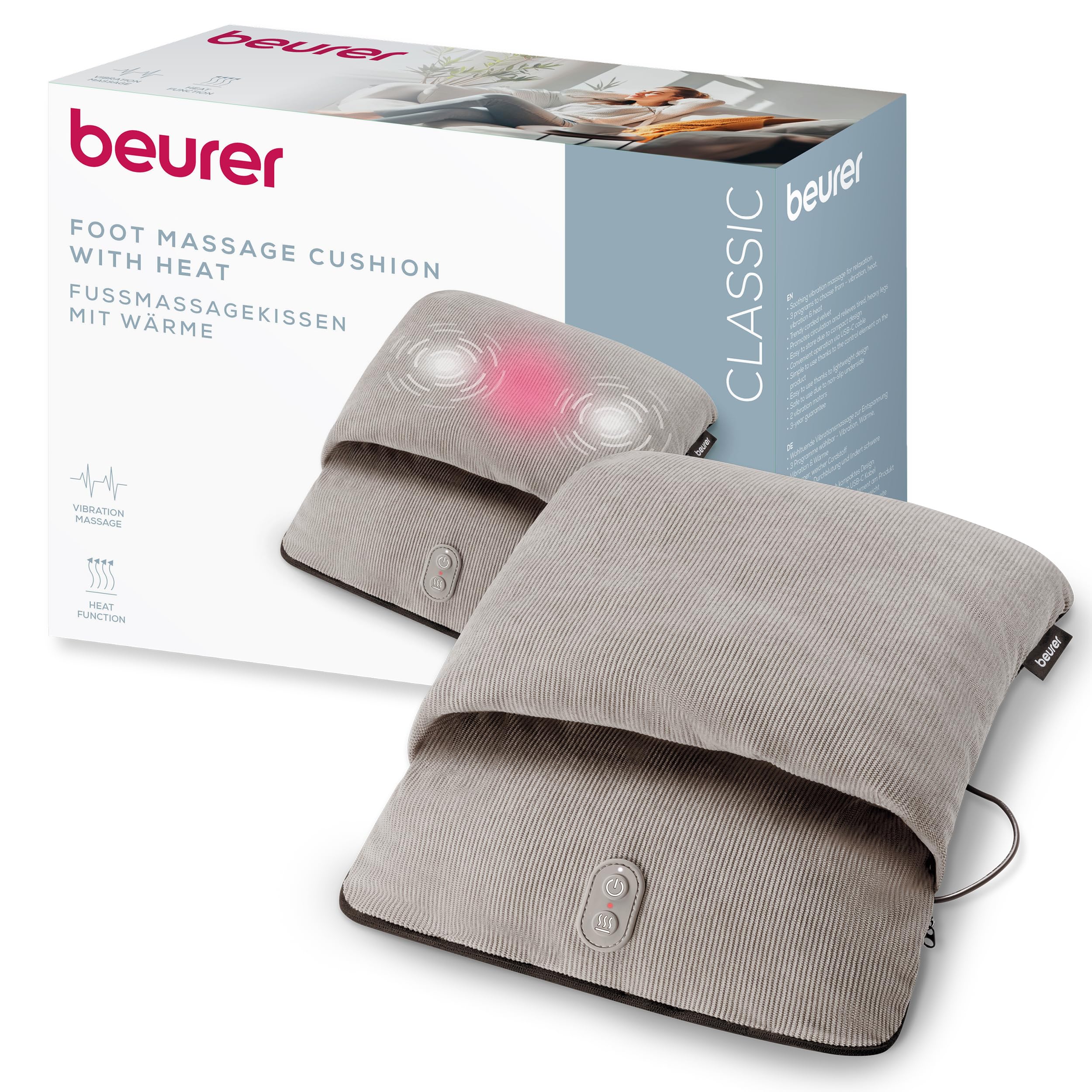 Beurer FM 28 Massaggiatore Piedi 2 in 1 con Calore e Vibrazione, 3 Programmi, Morbido Tessuto a Coste, Scaldapiedi Elettrico Compatto con Cavo USB-C, per Casa e Ufficio, Grigio