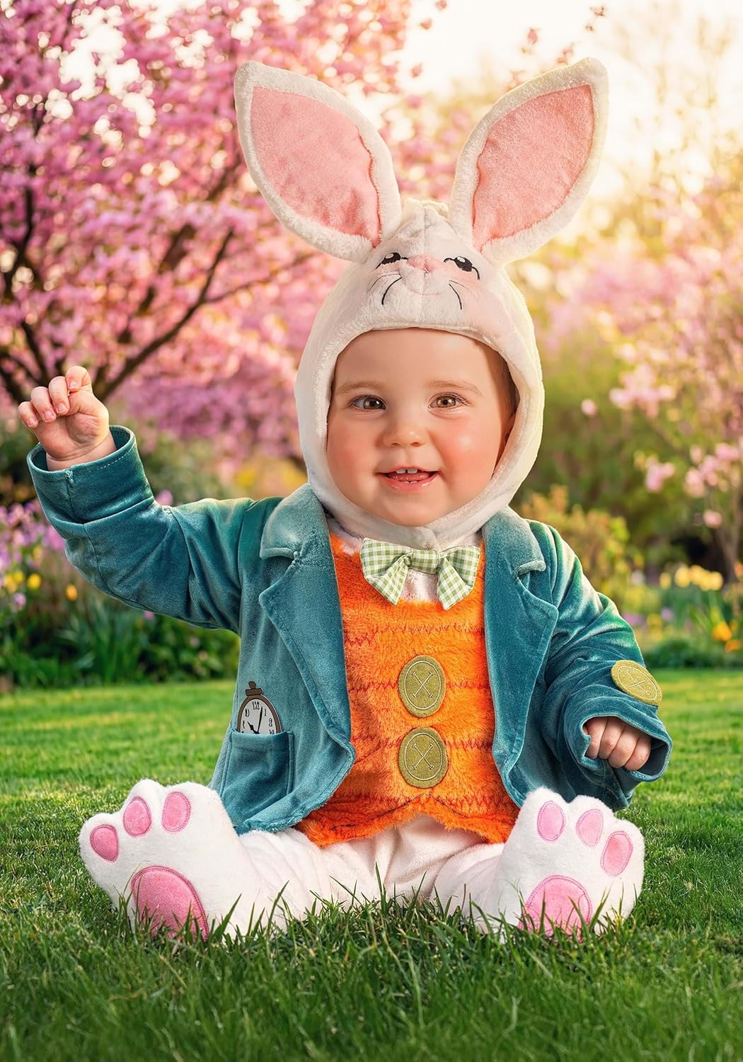 Baby White Rabbit Costume for Toddler, Alice in Wonderland Bunny Outfit with Green Velour Tailcoat, Orange Vest, Bow Tie