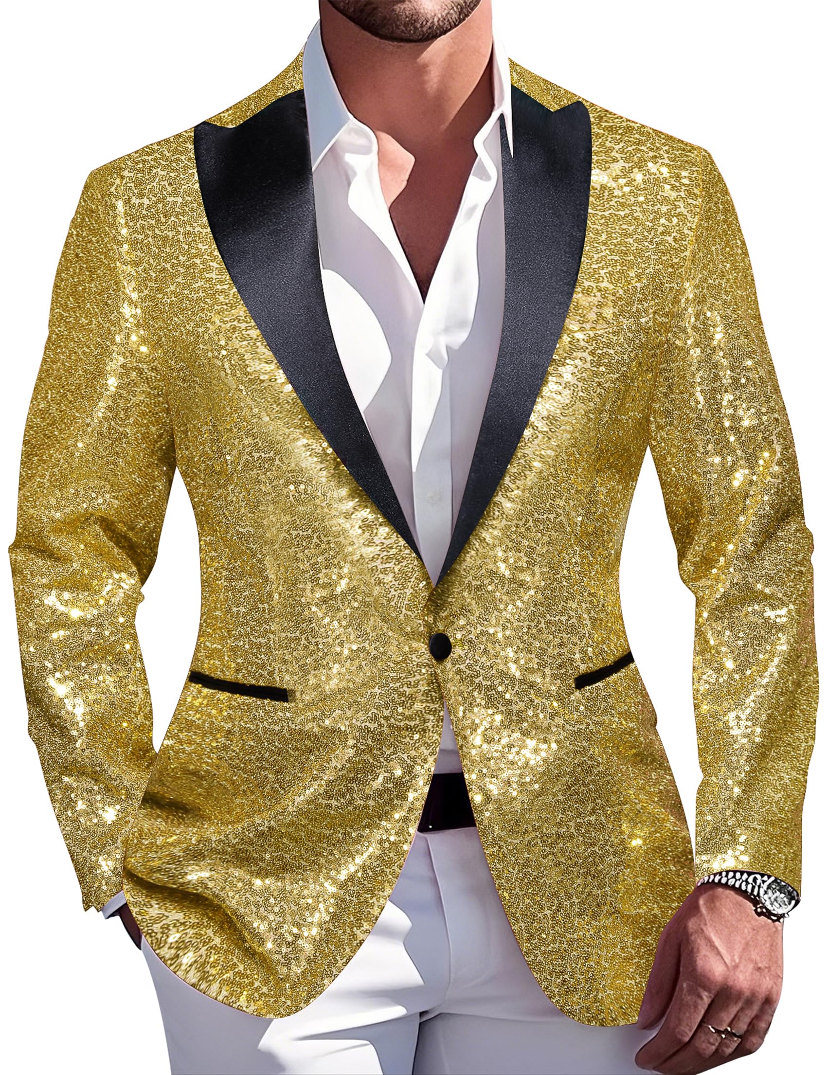 Barry.Wang 70s Disco Sequins Blazer Mens Sparkle Metallic Suit Jacket