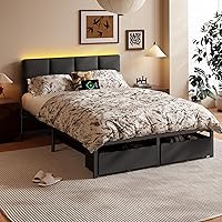 Vista 6 de Furnulem Base de cama tamaño completo con cabecero, marco de cama completo tapizado con luz LED, estación de carga USB, base de cama de plataforma