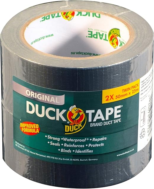 Duck tape Original Silver, 50mm x 25m Twin Pack. Improved formula high strength waterproof gaffer and duct adhesive cloth repair tape