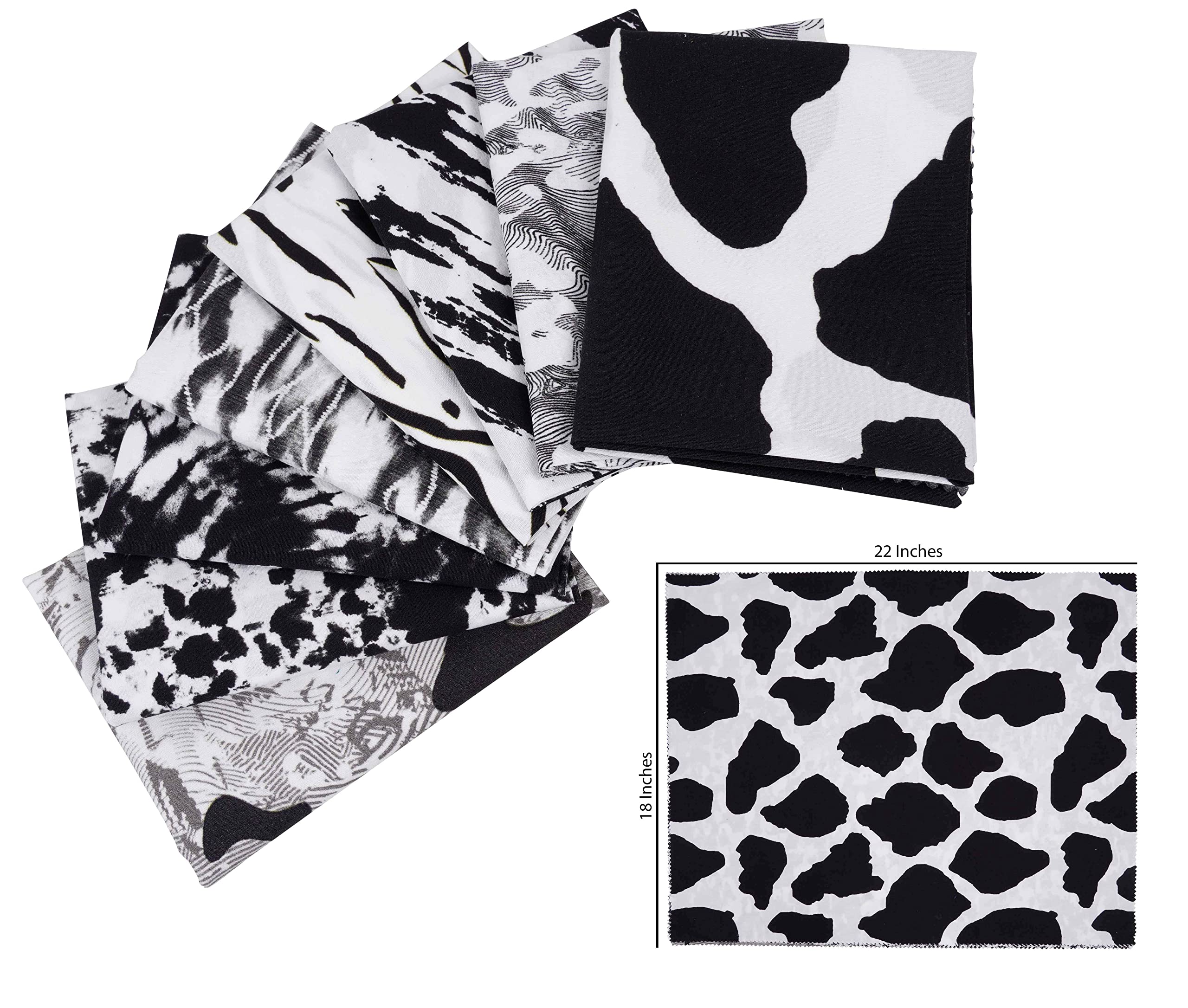 Soimoi 8 Pc Bundle De Puntos De Fate- Piel De Animal Imprimir 18"X 22" Patchwork De Brije- Tela 100% Algodon Precortado (Blanca Negro)