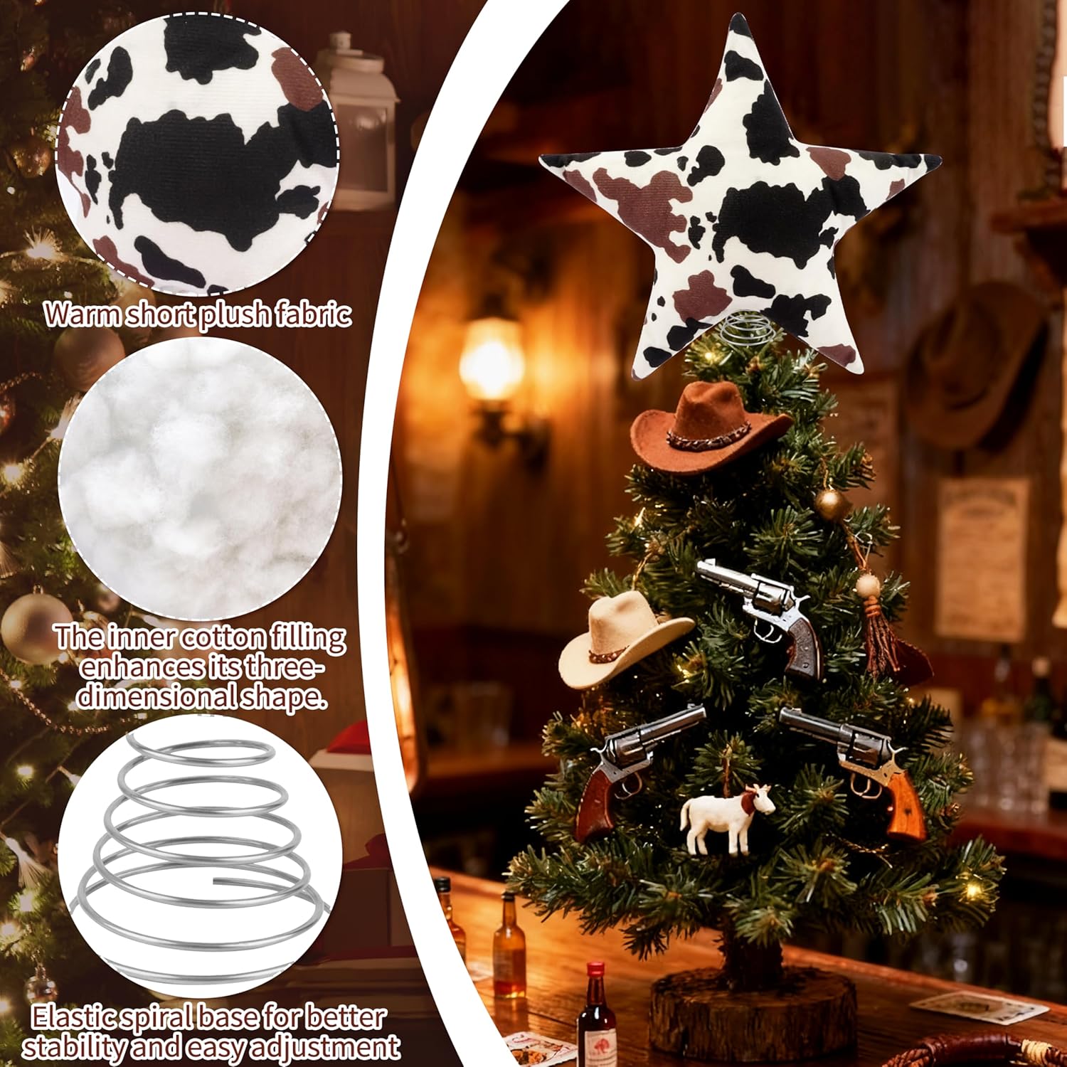 Cowhide Printed Christmas Tree Topper, 8.6 Inch Western Cow Christmas Star Tree Topper Ornament for Country Cowboy Party Supplies Holiday Home Decor