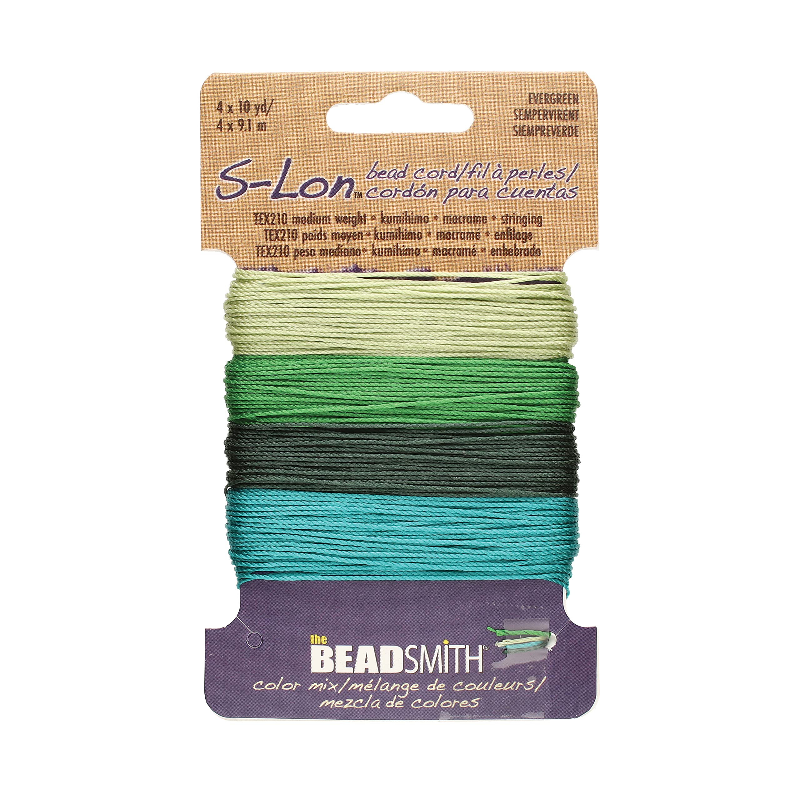 The Beadsmith S-Lon # 18 - Filo di nylon Evergreen Mix - Tex210 Cord, diametro 5 mm, 9,1 metri per colore - Ideale per infilare perline all'uncinetto e gioielli micro-macramè - Compatibile con